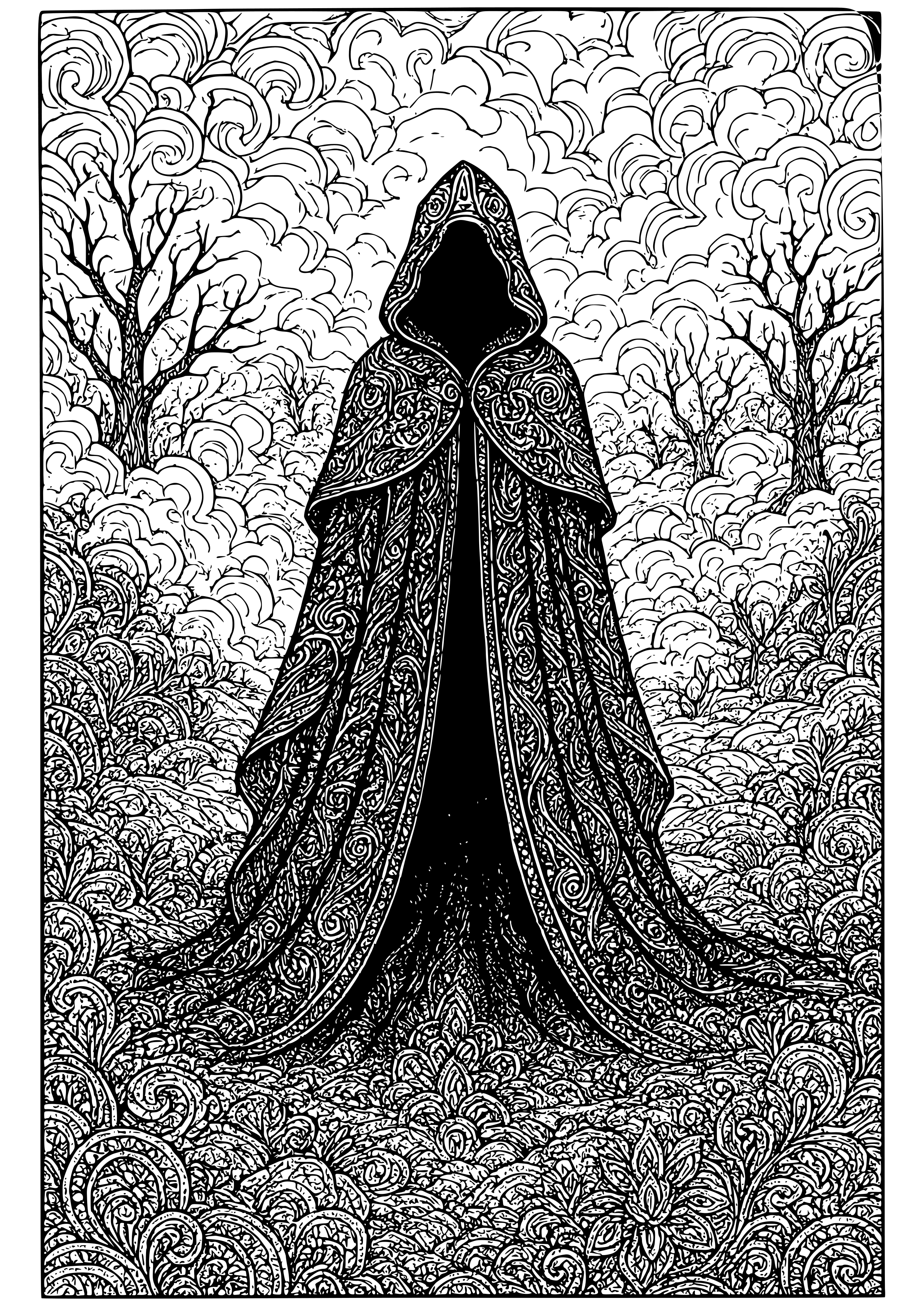 Mysterious Shadowy Figure in a Foggy Landscape Coloring Page
