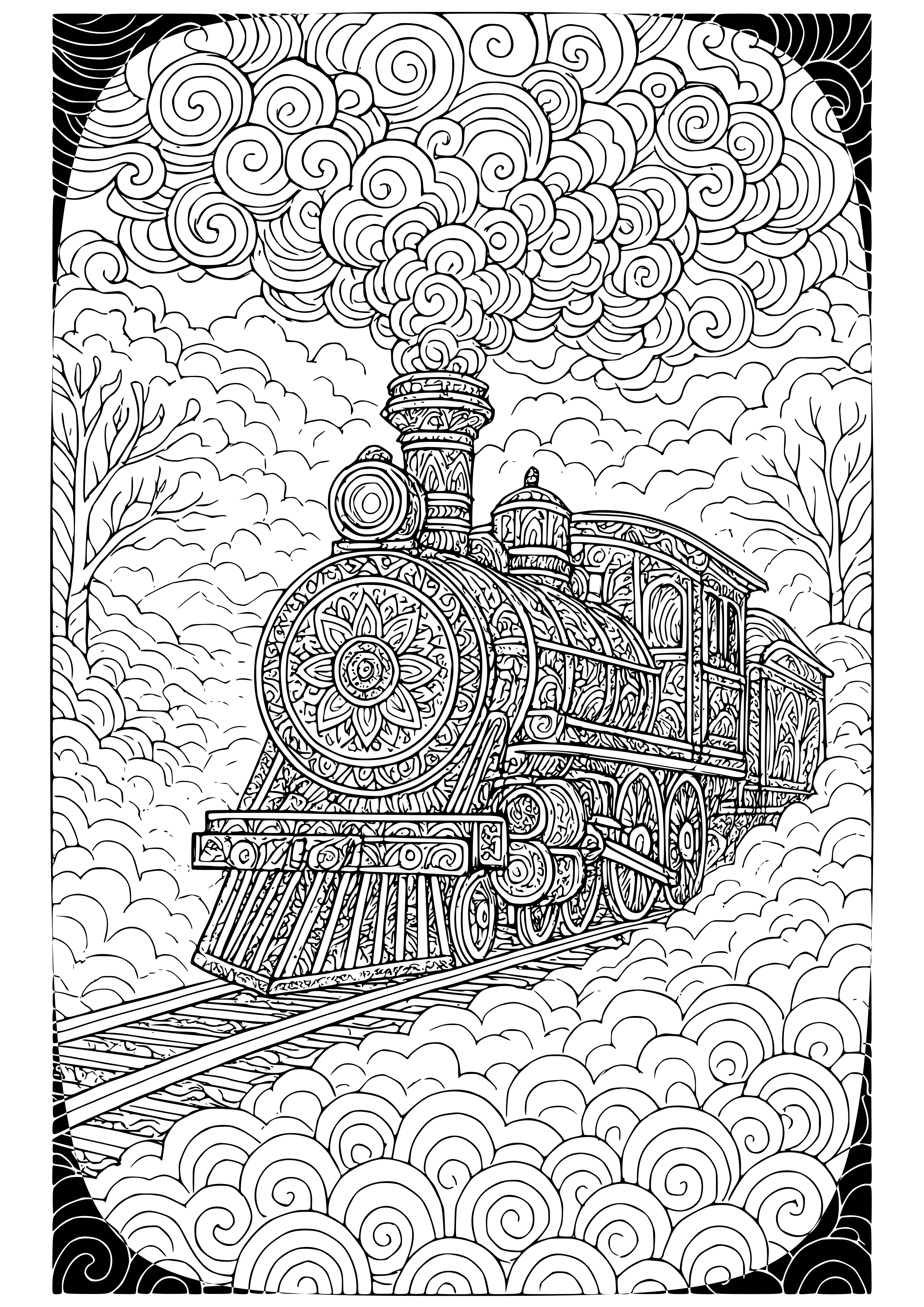 Mysterious Train in a Foggy Landscape Coloring Page