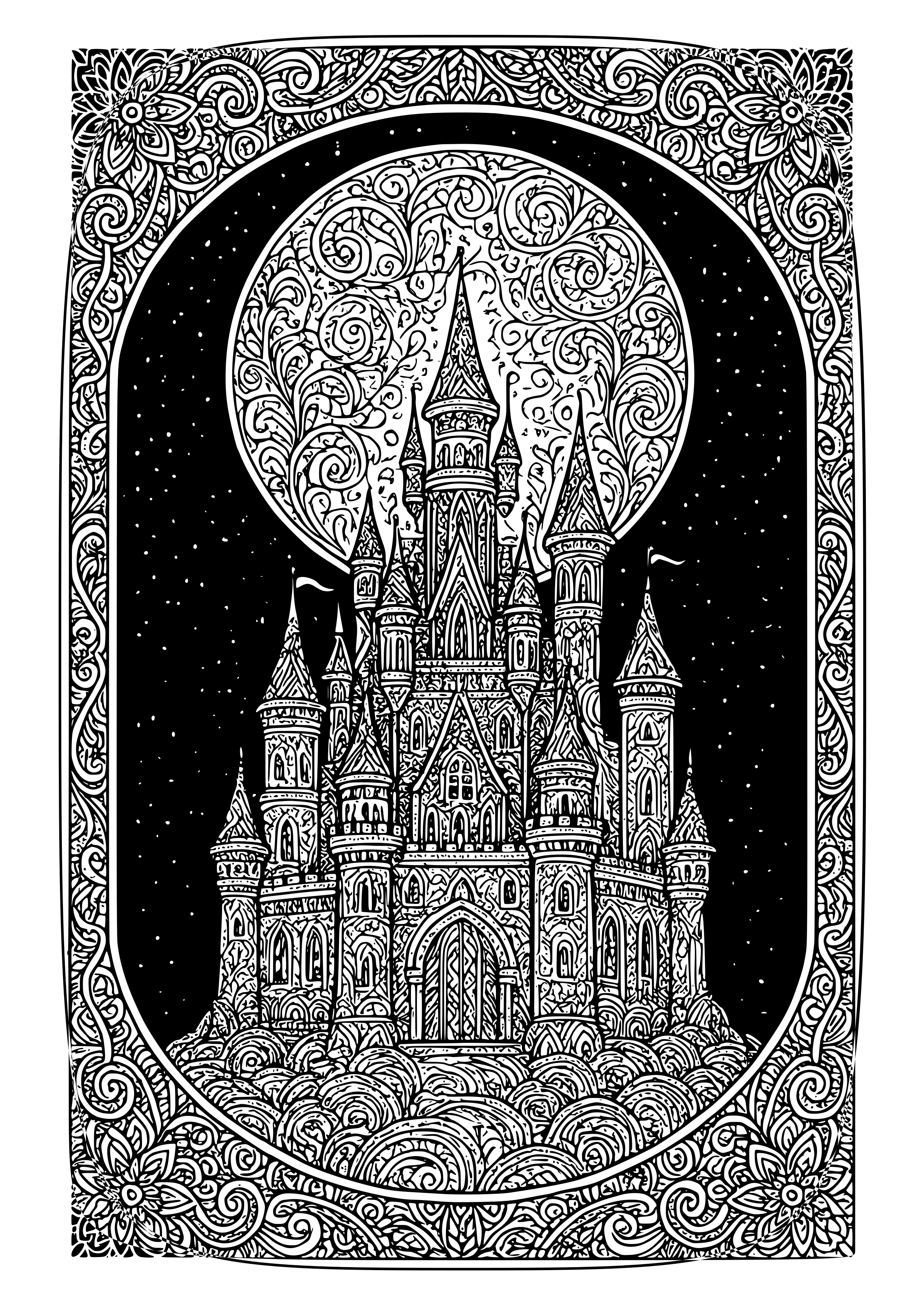 Mystical Castle Under a Full Moon Coloring Page