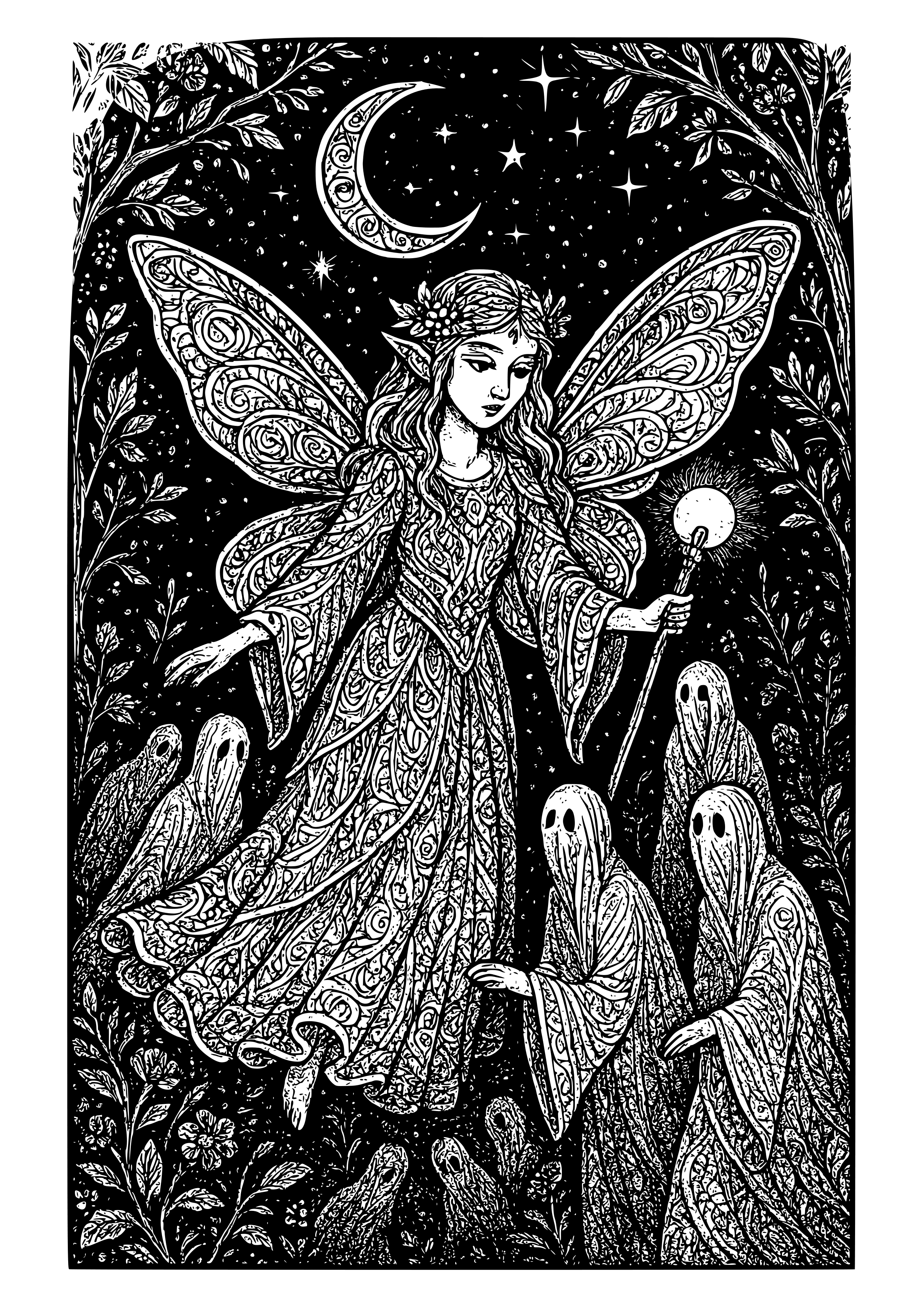 Mystical Fairy Guiding Lost Souls in the Night Coloring Page