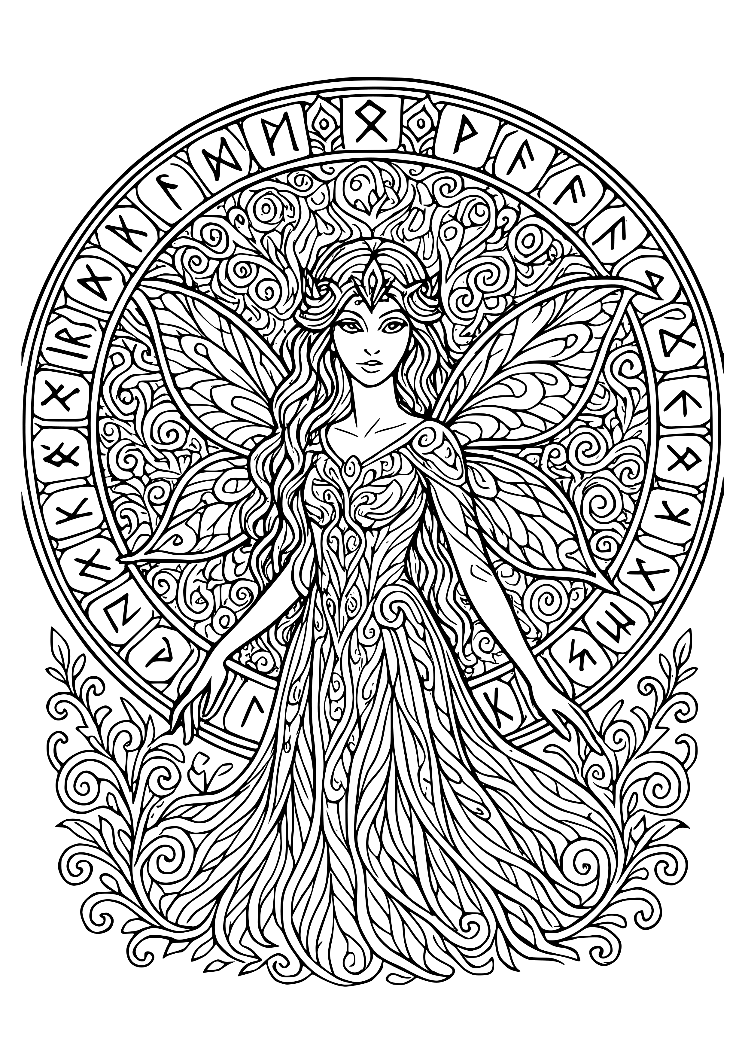 Mystical Fairy Surrounded by Ancient Runes Coloring Page