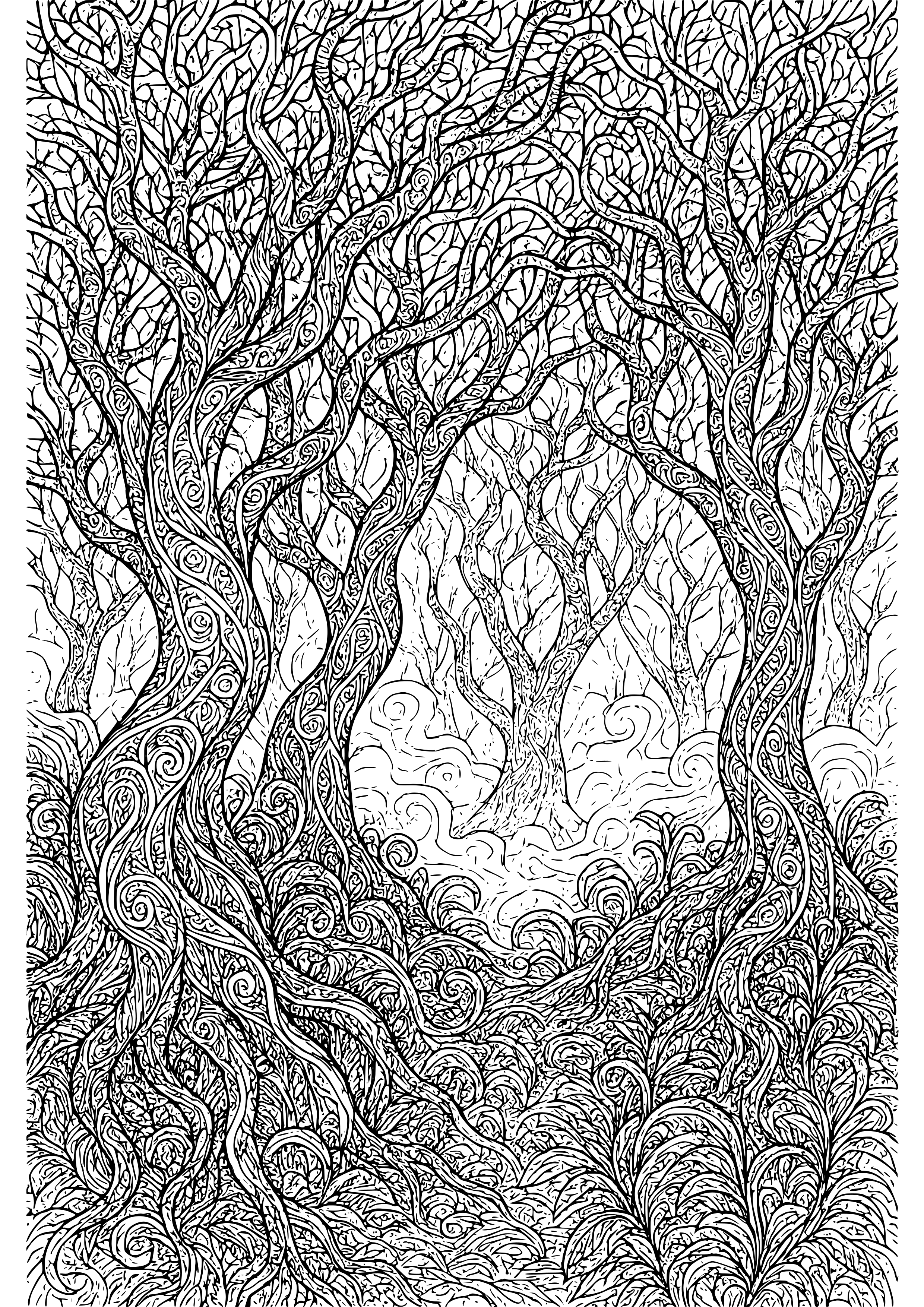 Mystical Forest with Twisted Trees and Fog Coloring Page