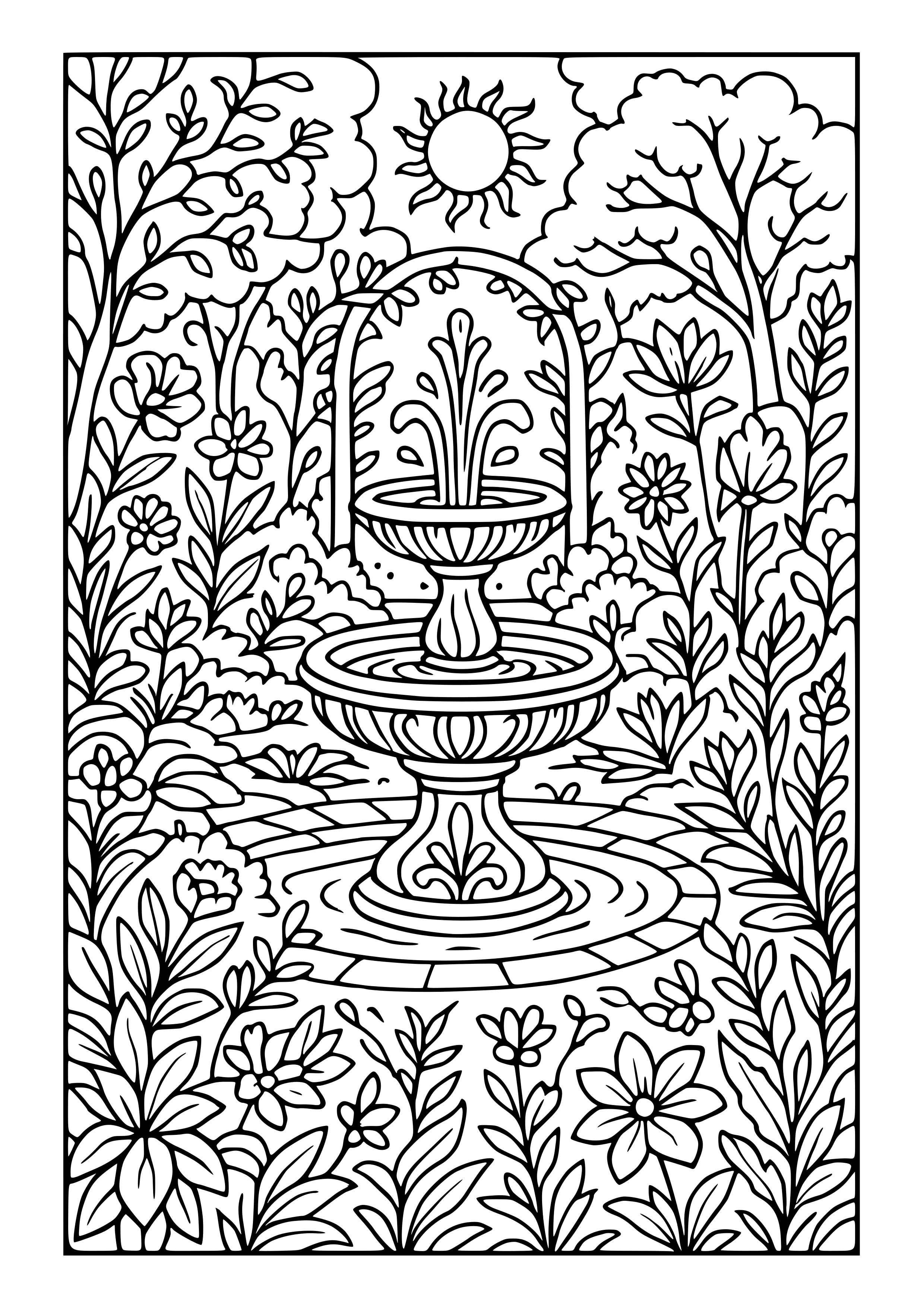 Mystical Garden with a Fountain Coloring Page