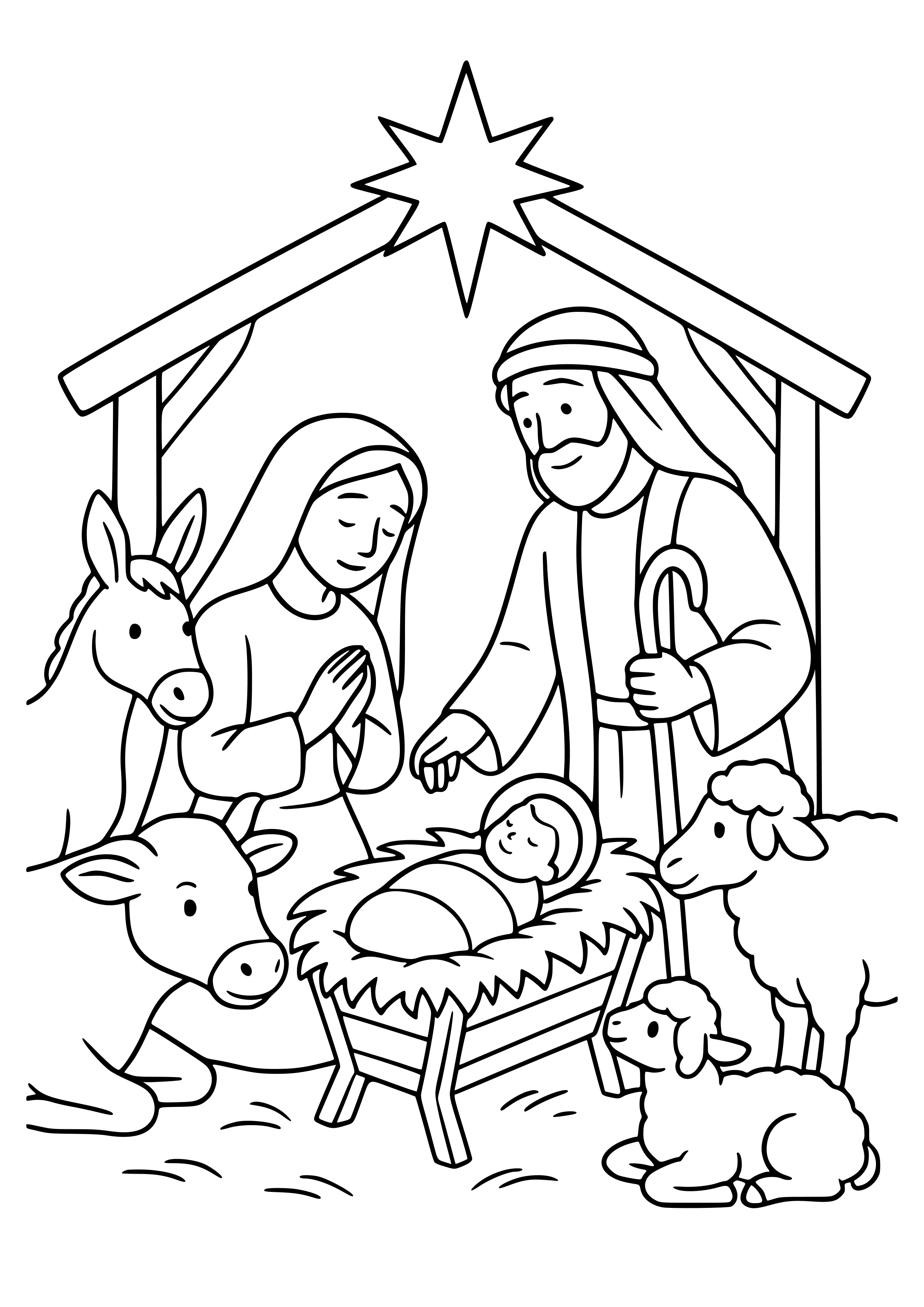 Nativity Scene with Animals Coloring Page