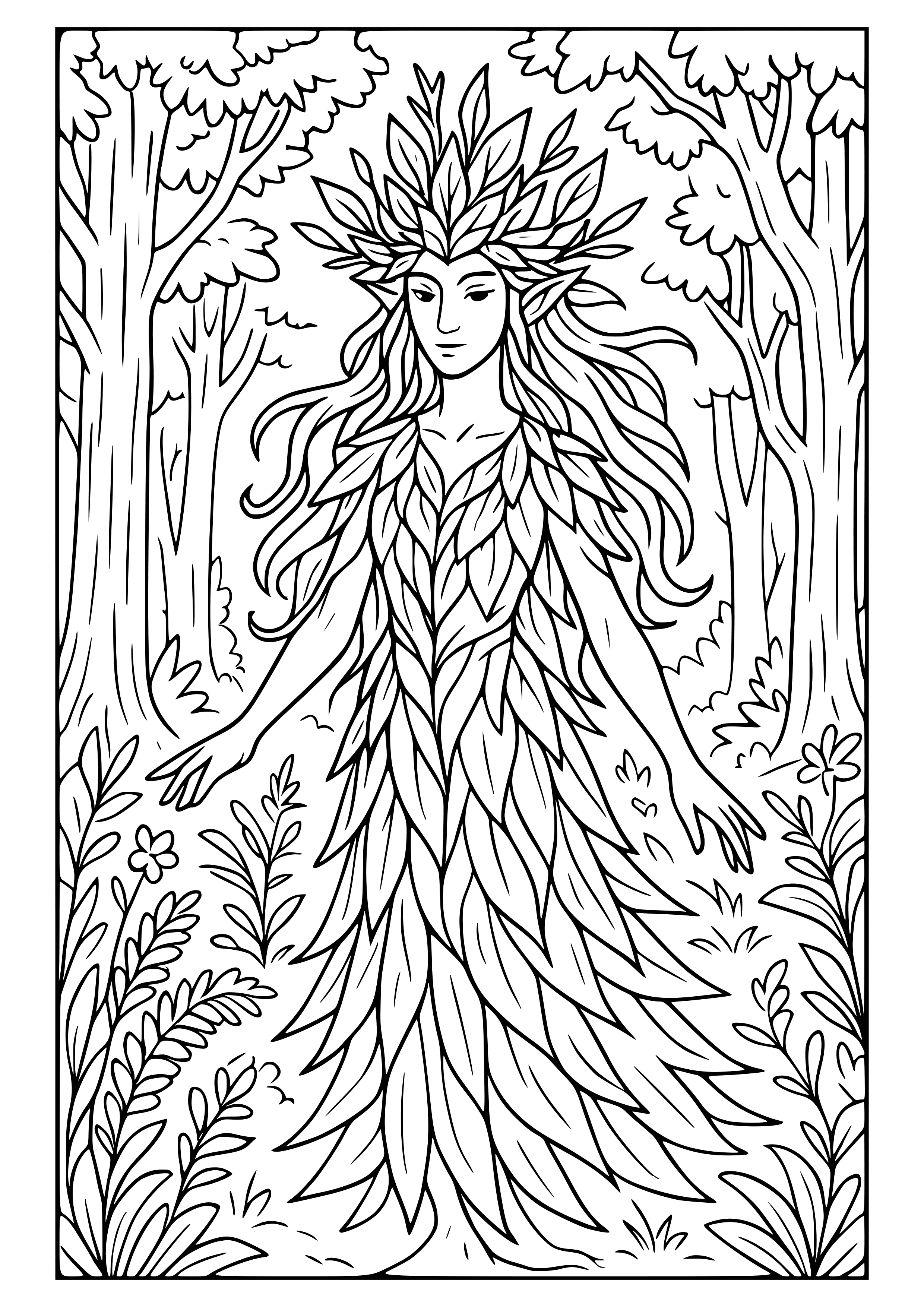 Nature Spirit in a Forest Coloring Page