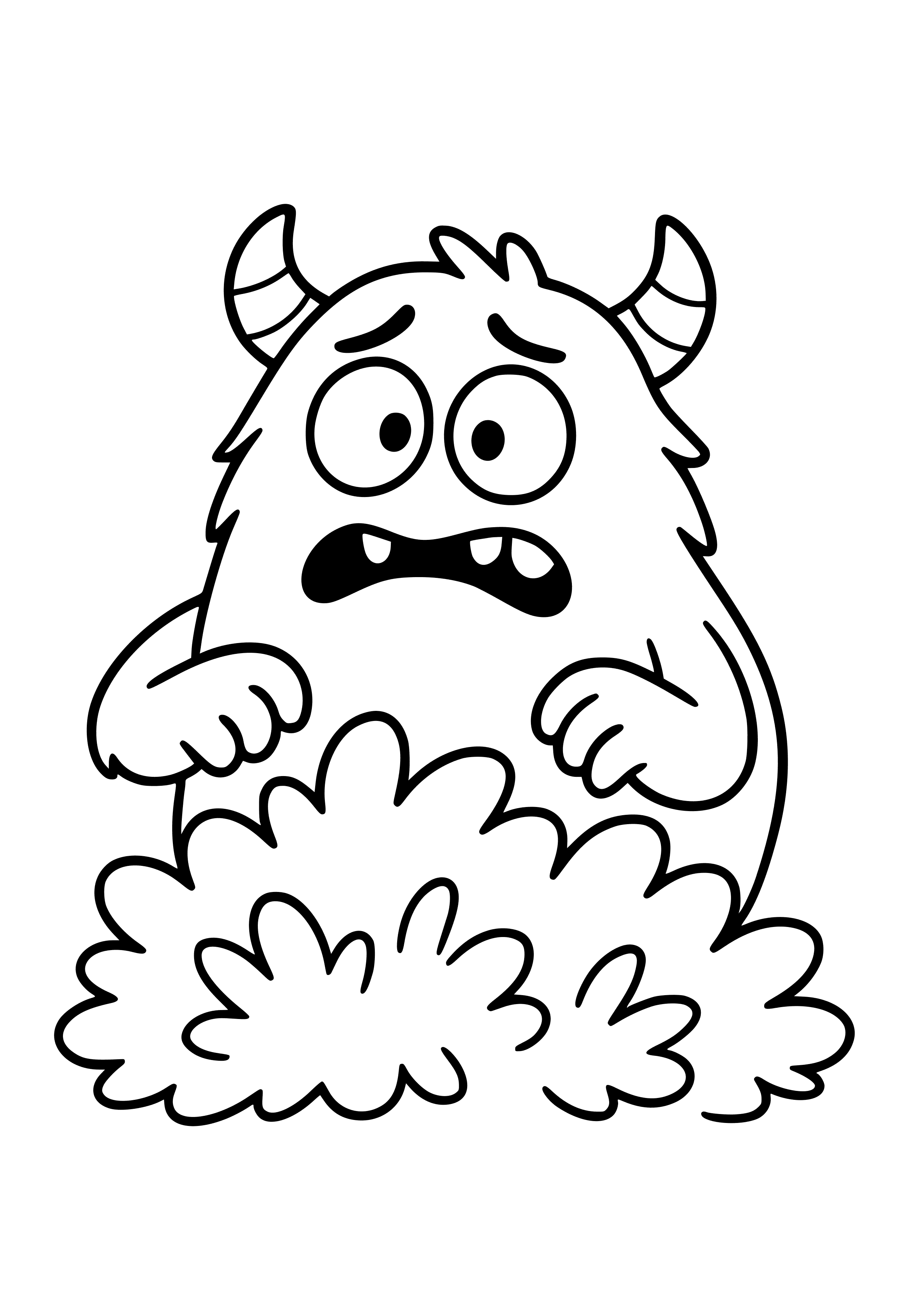 Nervous Orange Monster Peeping From Behind a Bush Coloring Page