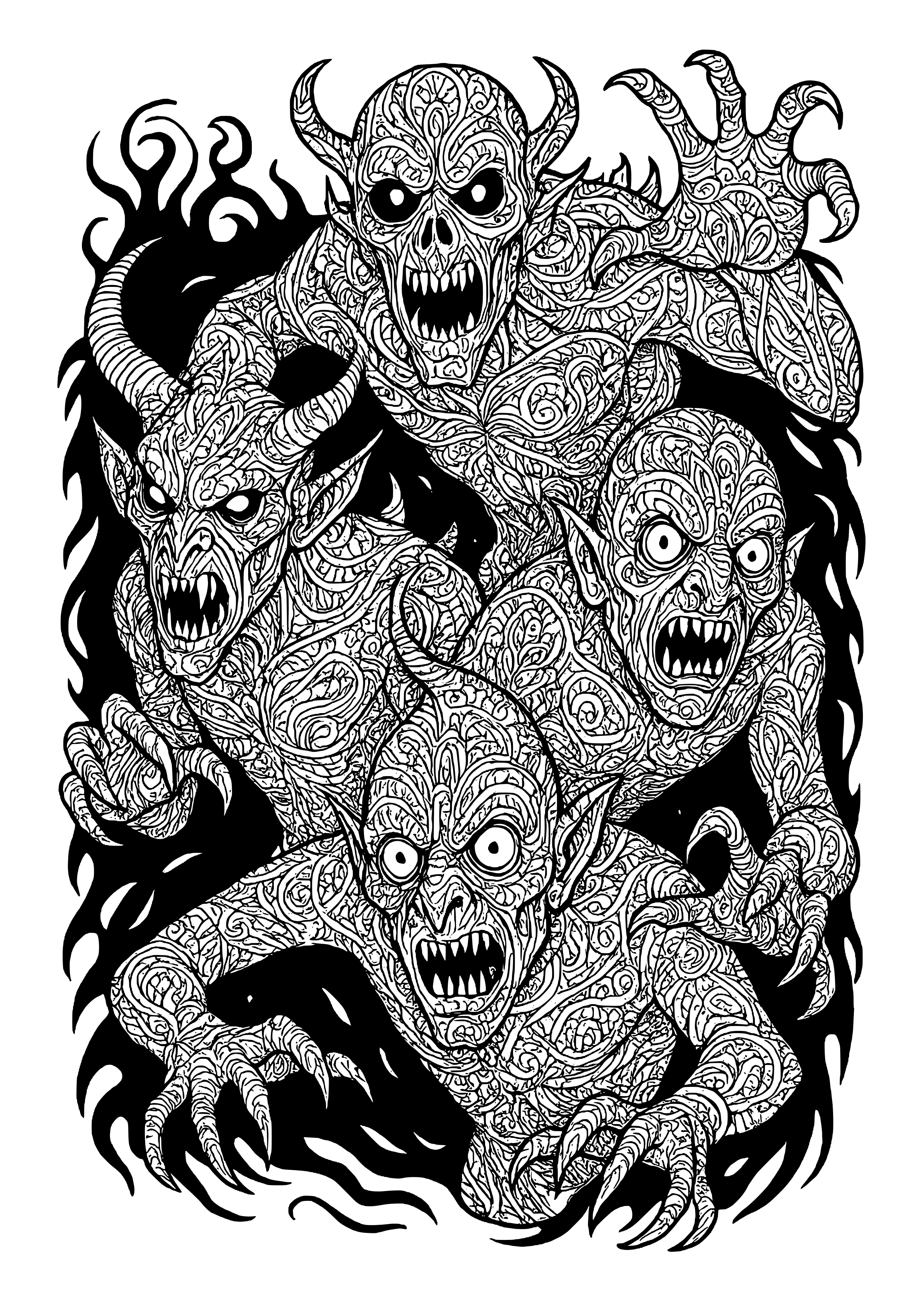Nightmare Creatures Emerging From Shadows Coloring Page