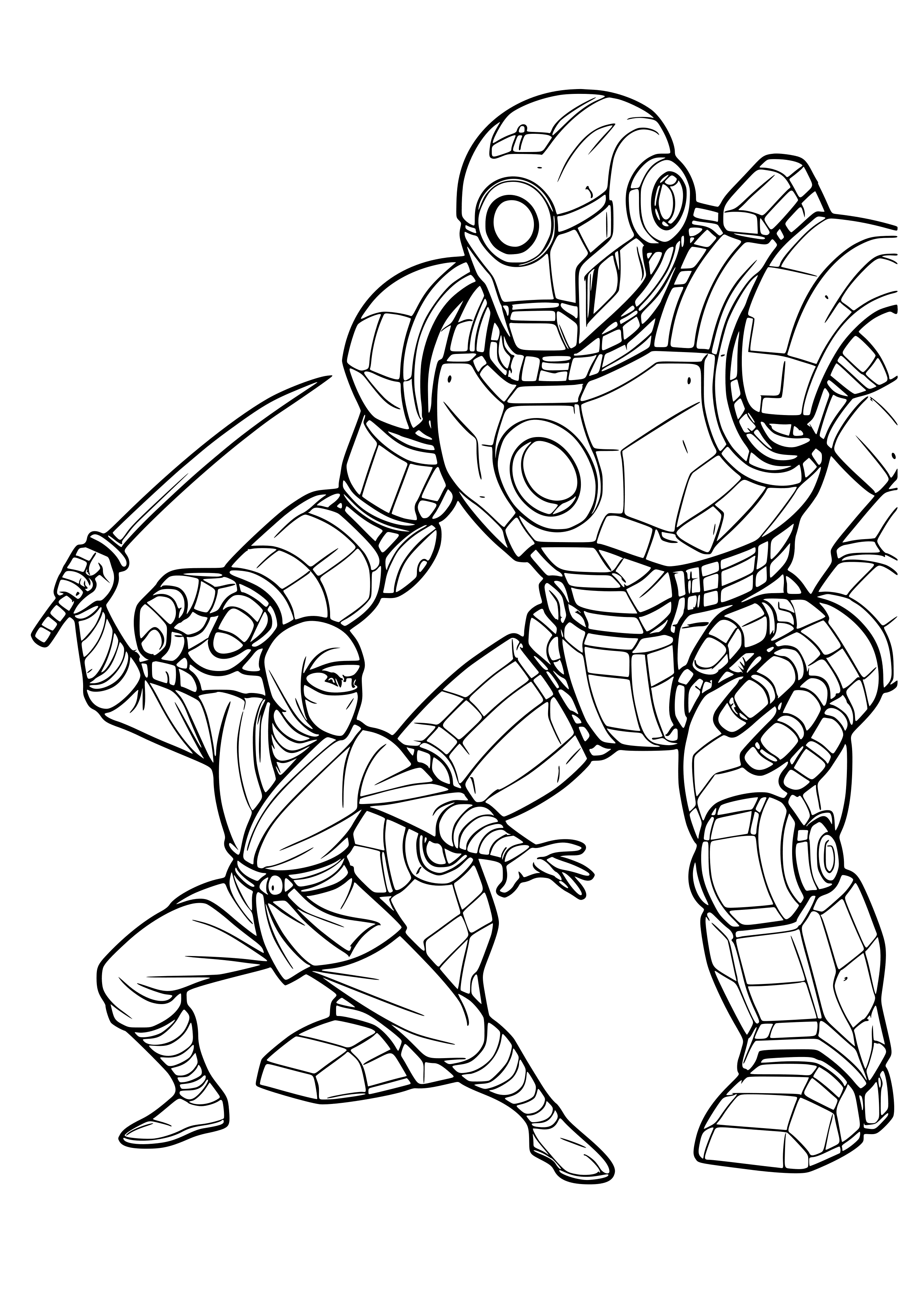 Ninja Battling a Giant Robot Coloring Page