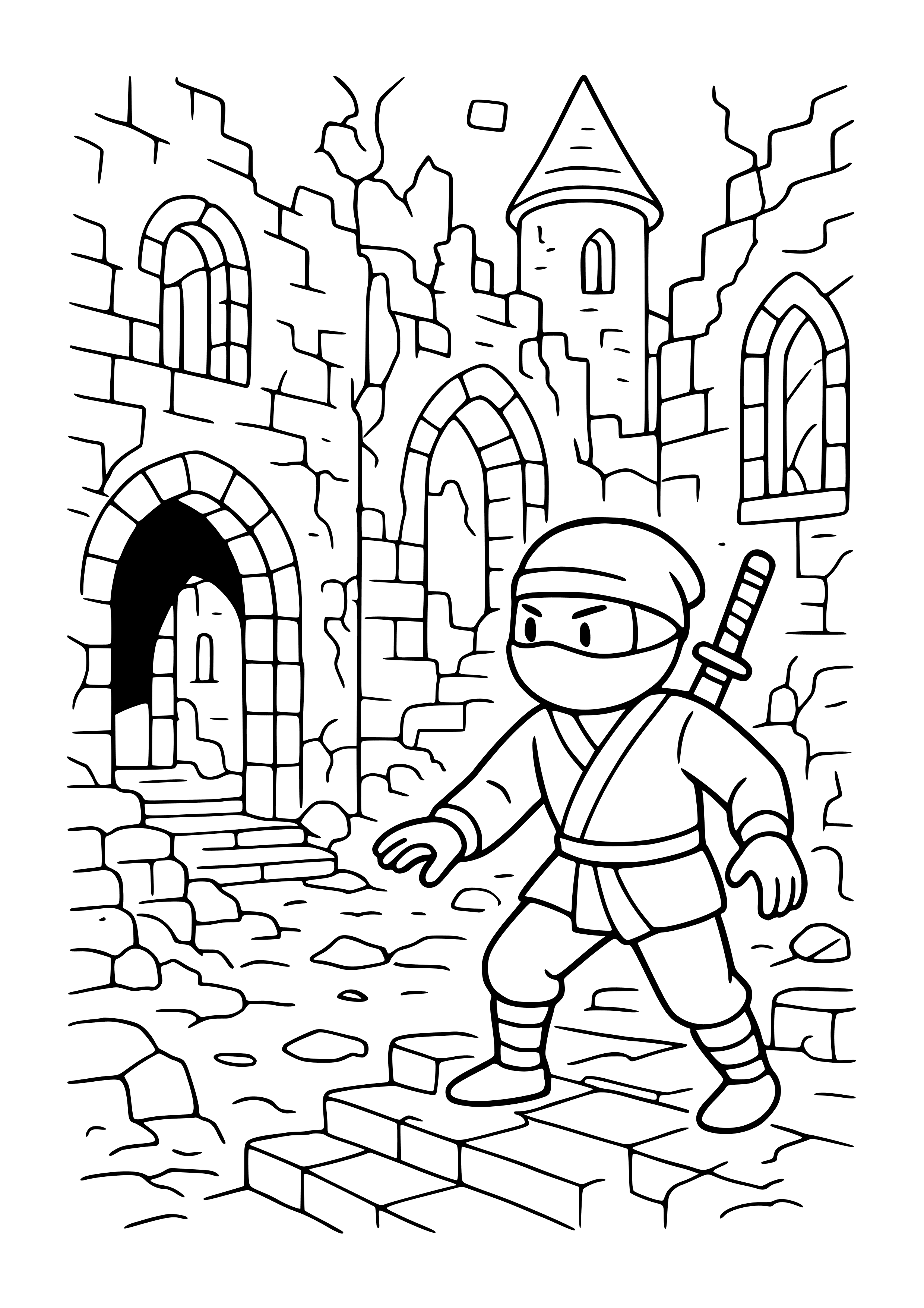 Ninja Exploring an Abandoned Castle Coloring Page