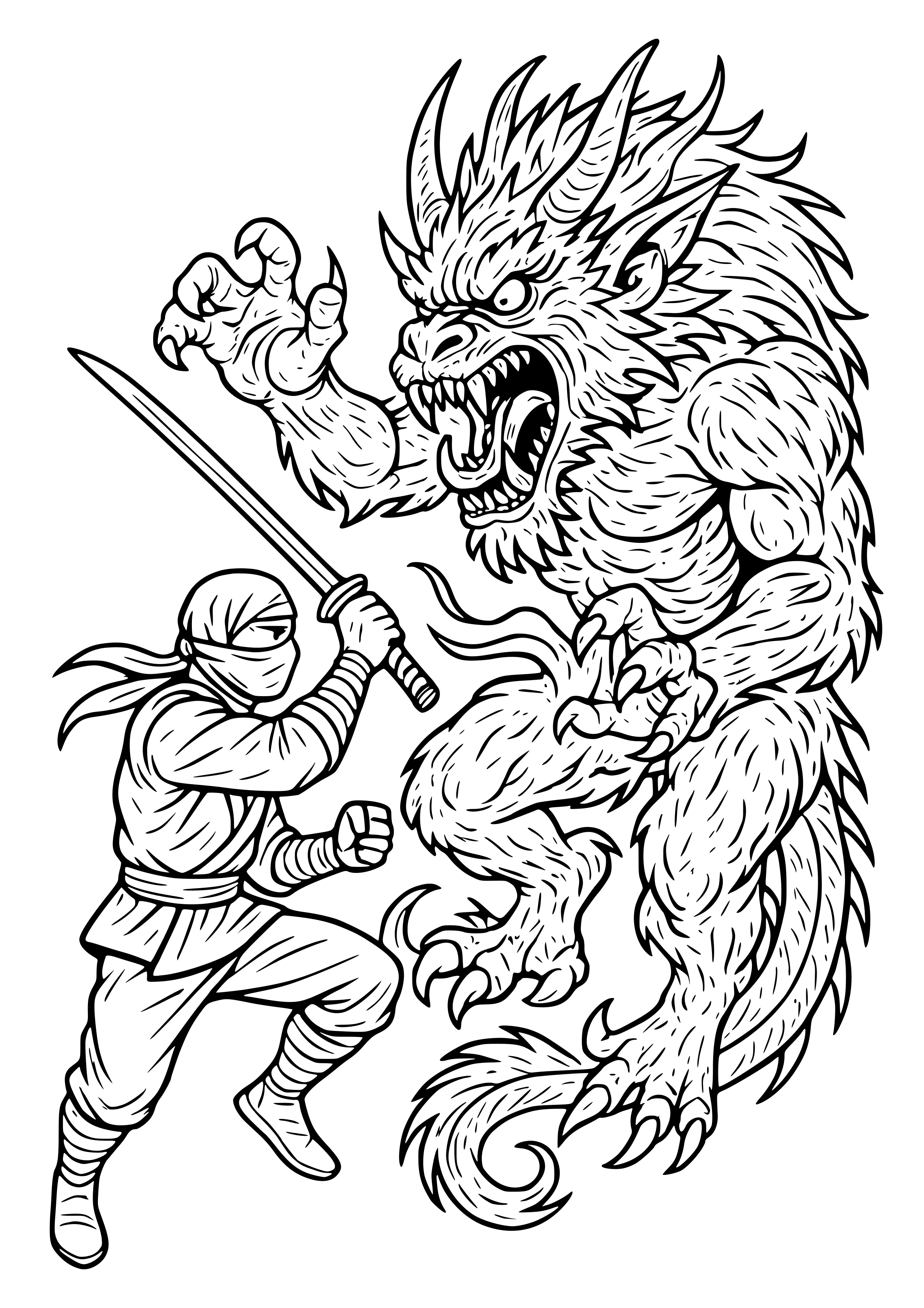 Ninja Fighting a Monstrous Beast Coloring Page