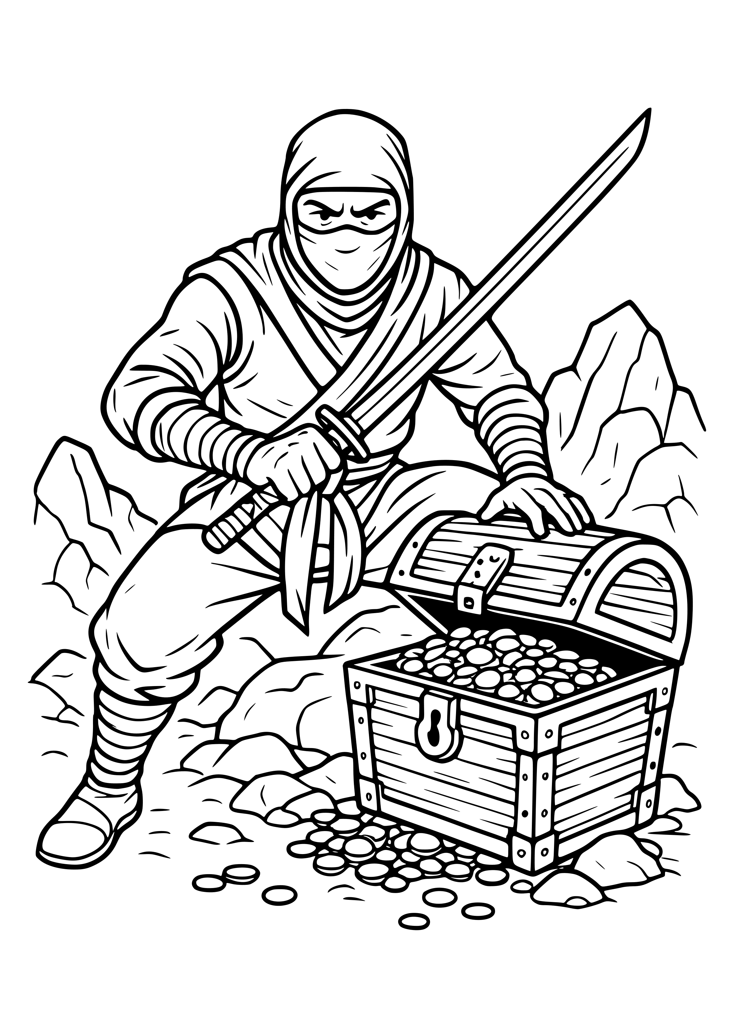 Ninja Guarding a Treasure Coloring Page