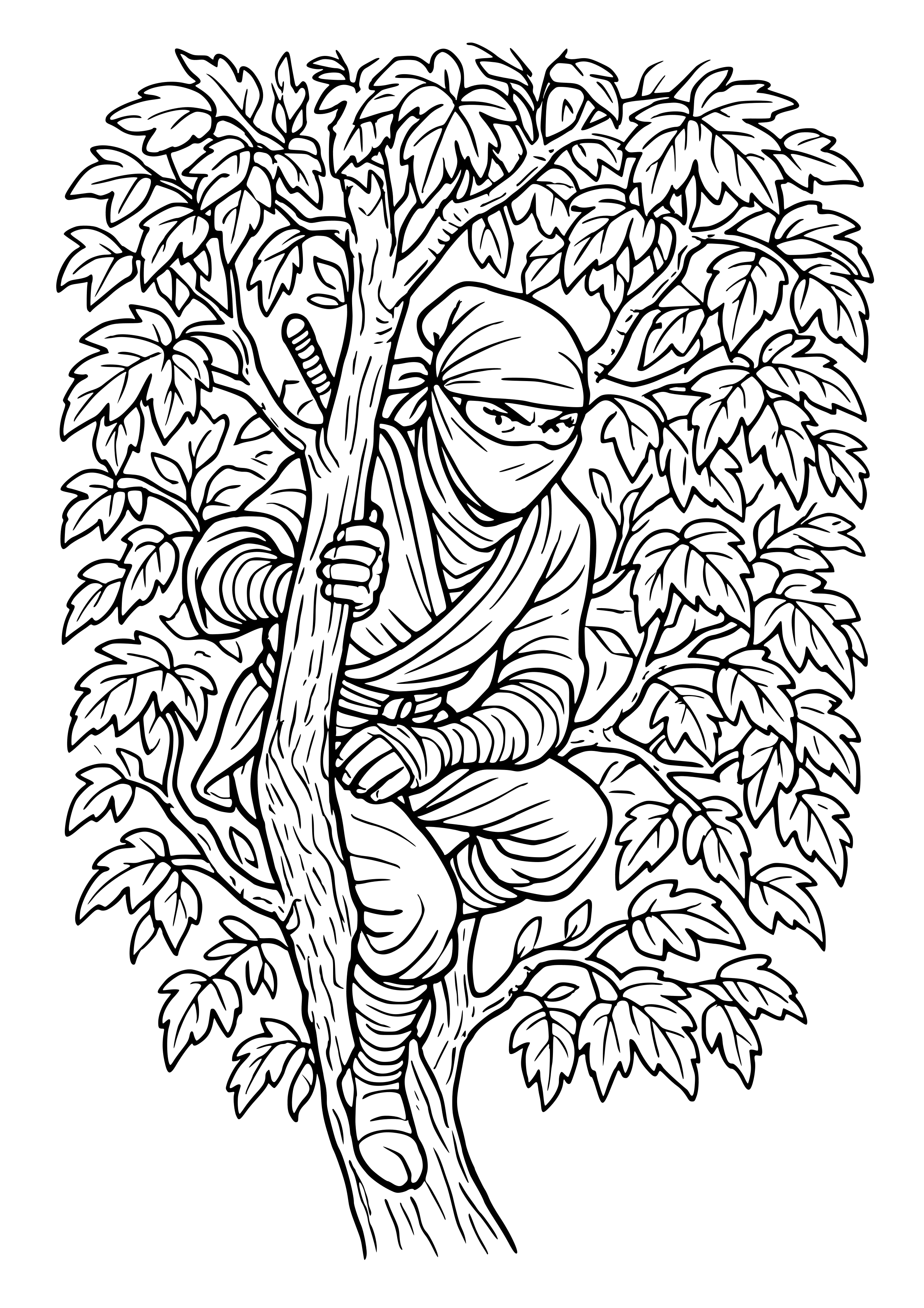 Ninja Hiding in a Tree Coloring Page