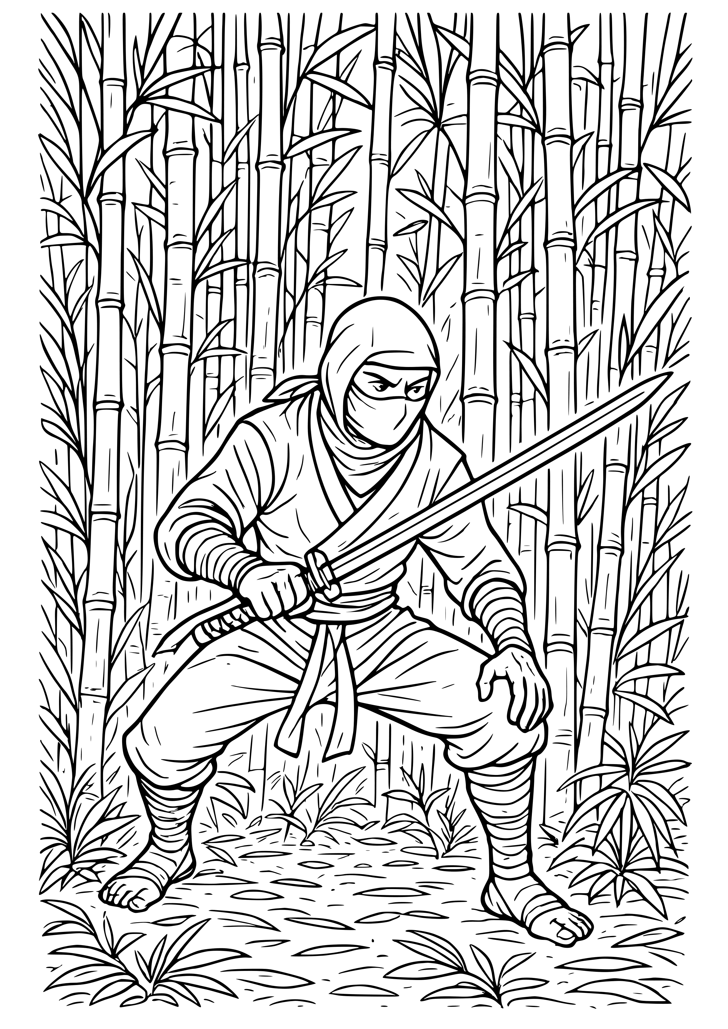 Ninja in a Bamboo Forest Coloring Page