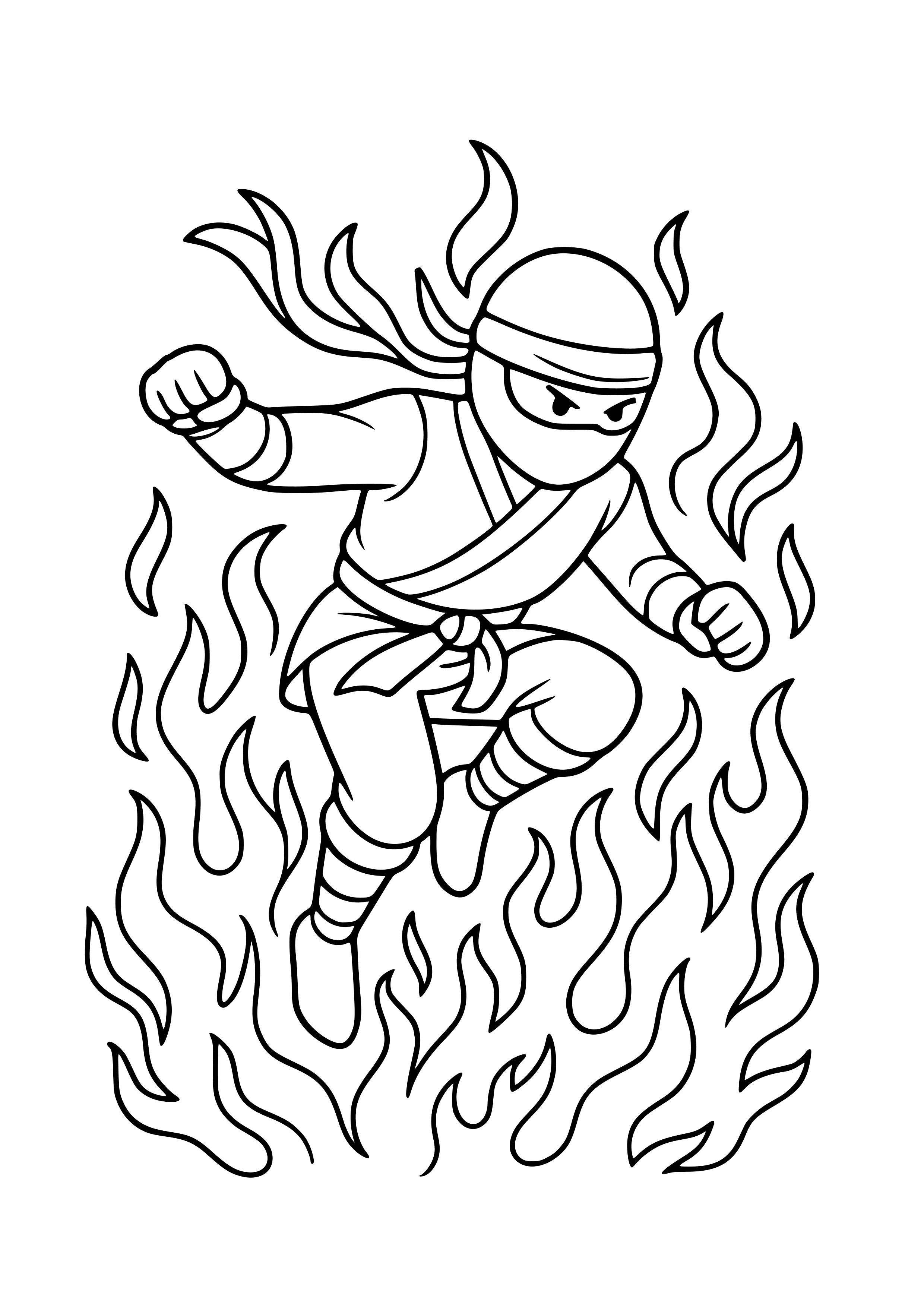 Ninja Jumping Through a Fire Coloring Page