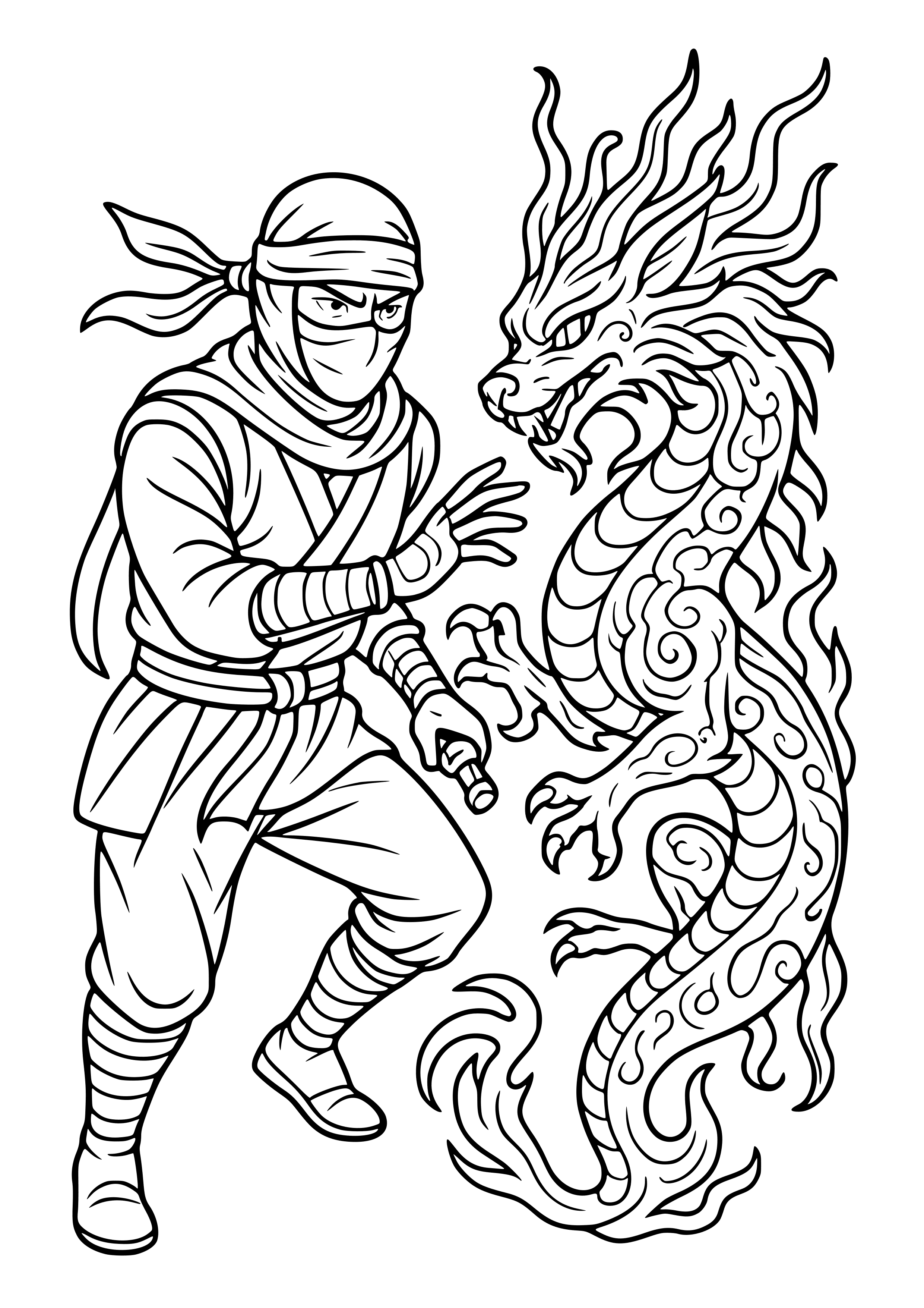 Ninja with a Mystical Creature Coloring Page