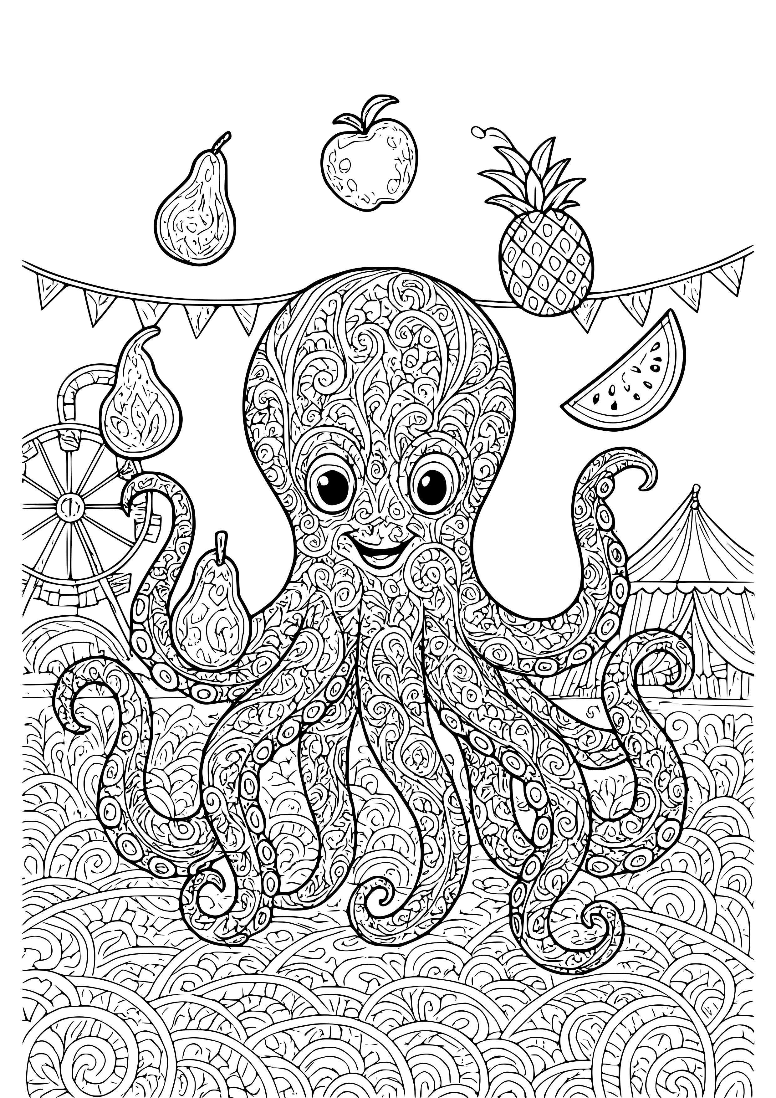 Octopus Juggling Fruits at a Carnival Coloring Page