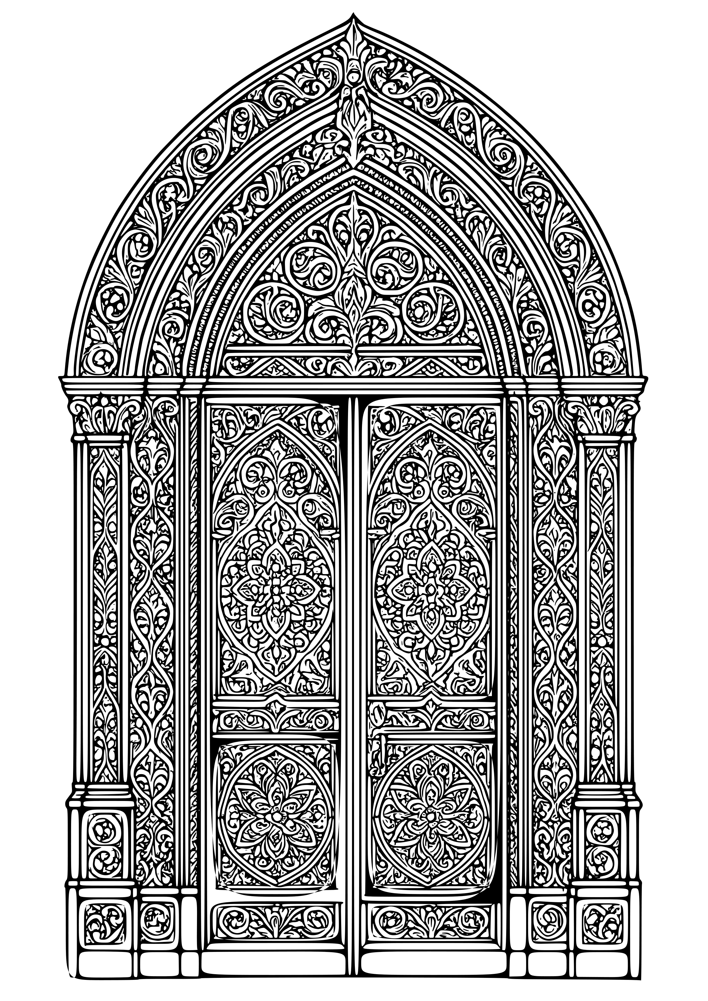 Ornate Gothic Door with Intricate Carvings Coloring Page