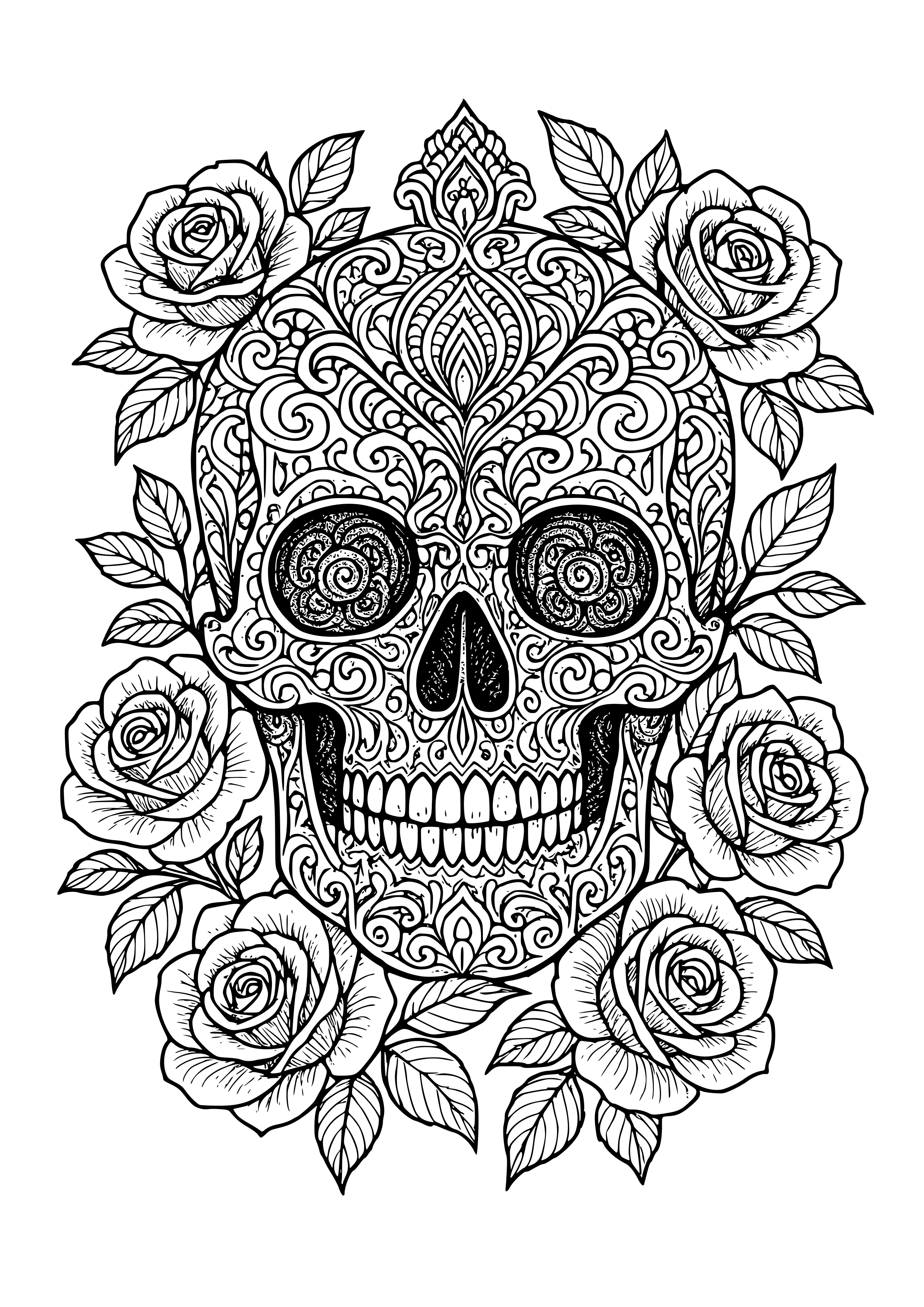Ornate Skull Surrounded by Roses Coloring Page