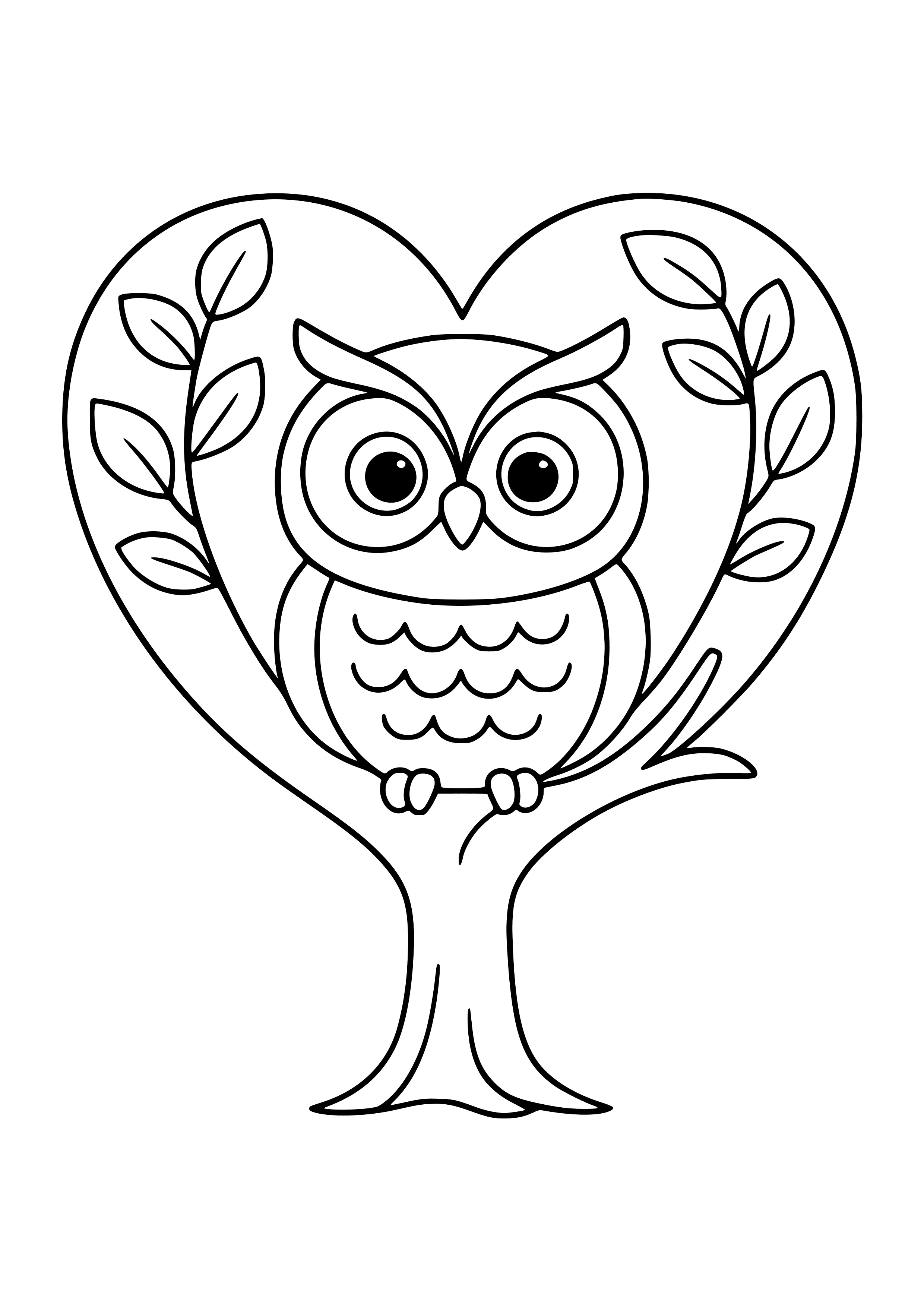 Owl in a Heart-shaped Tree Coloring Page