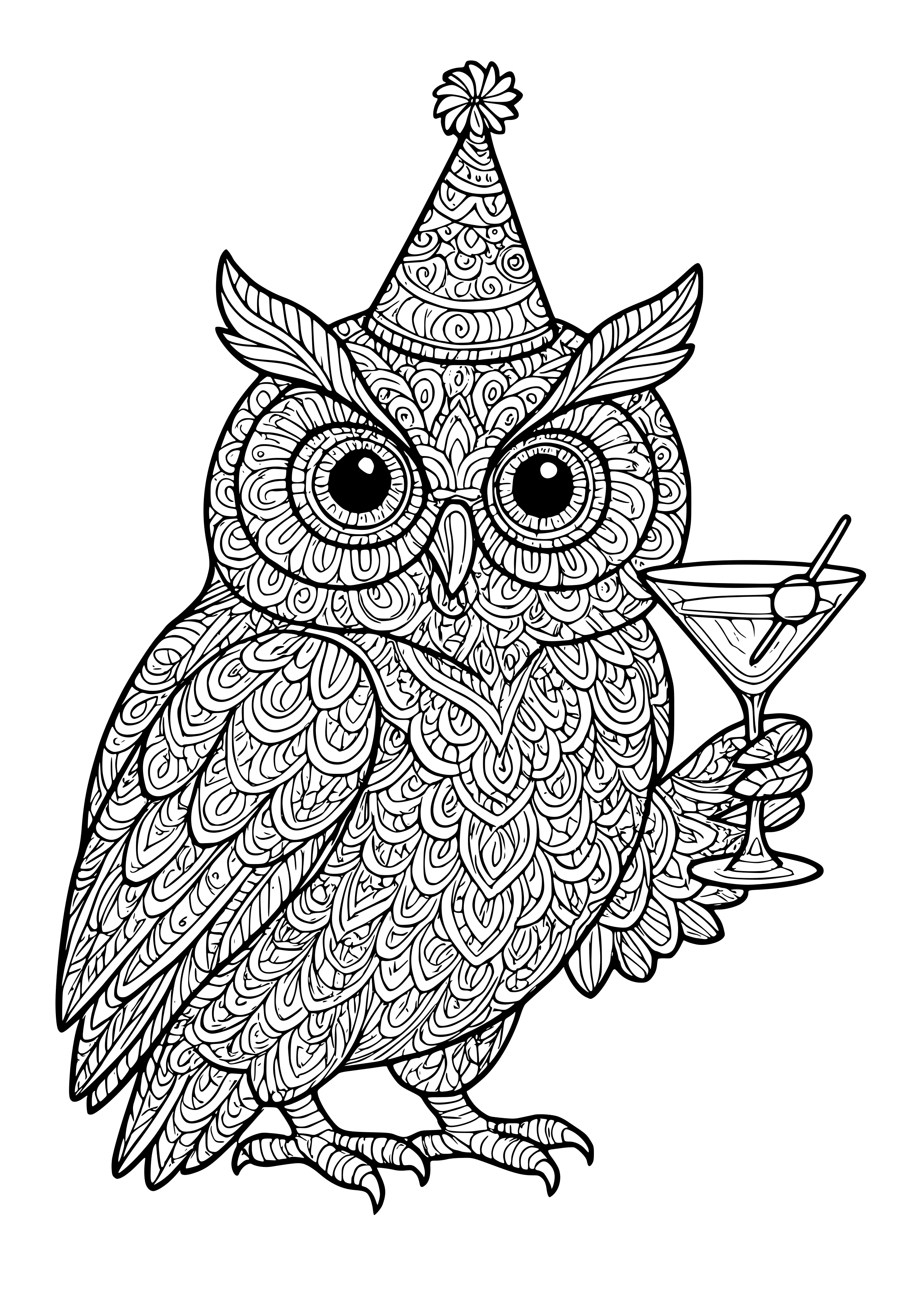 Owl with a Party Hat Holding a Martini Glass Coloring Page