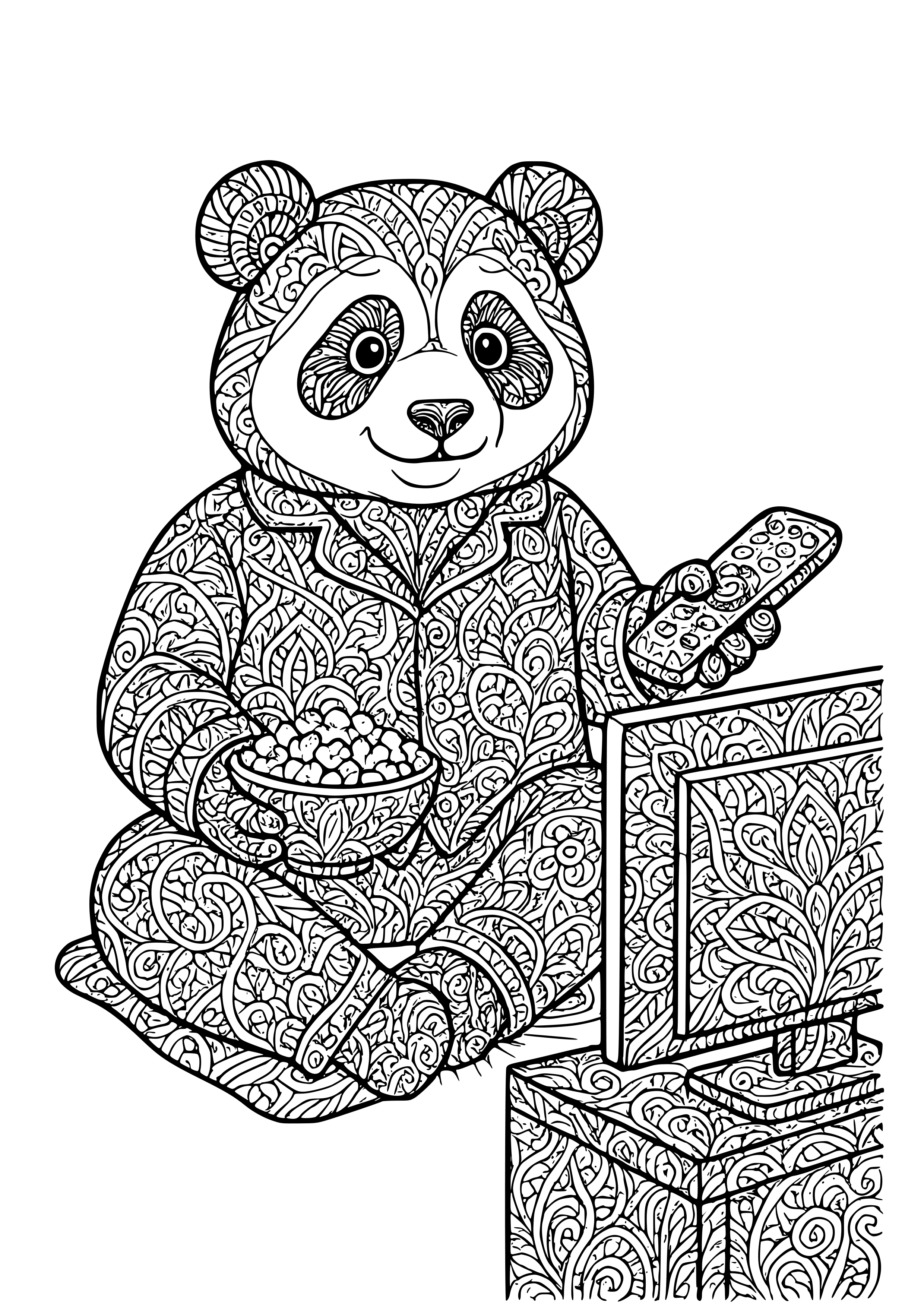 Panda in Pajamas Binge-watching Tv Coloring Page
