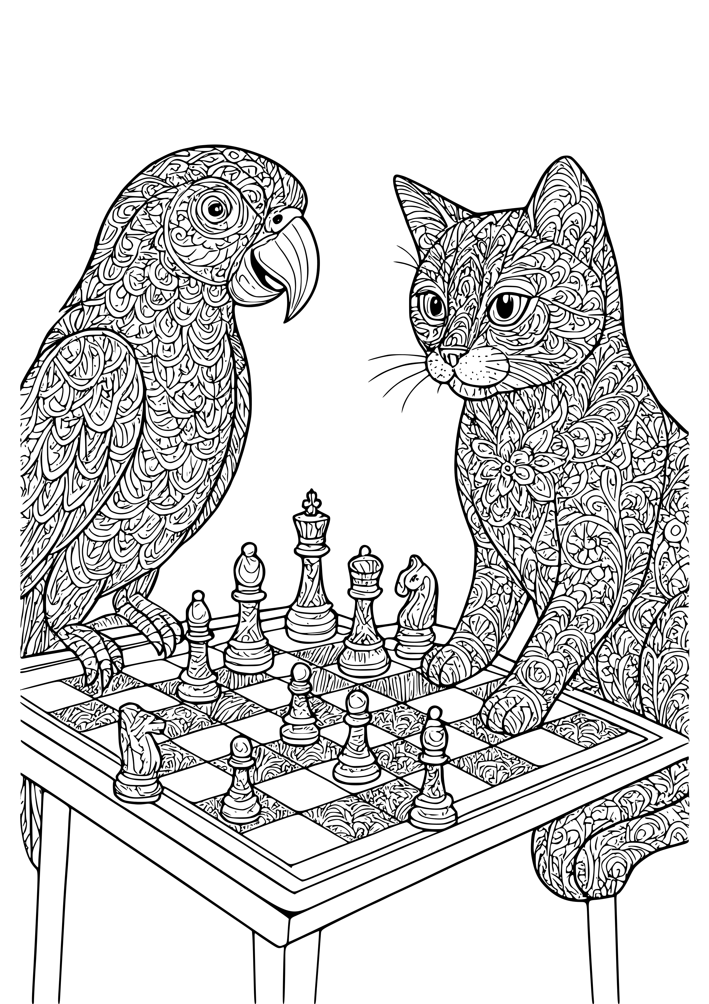 Parrot Playing Chess with a Cat Coloring Page