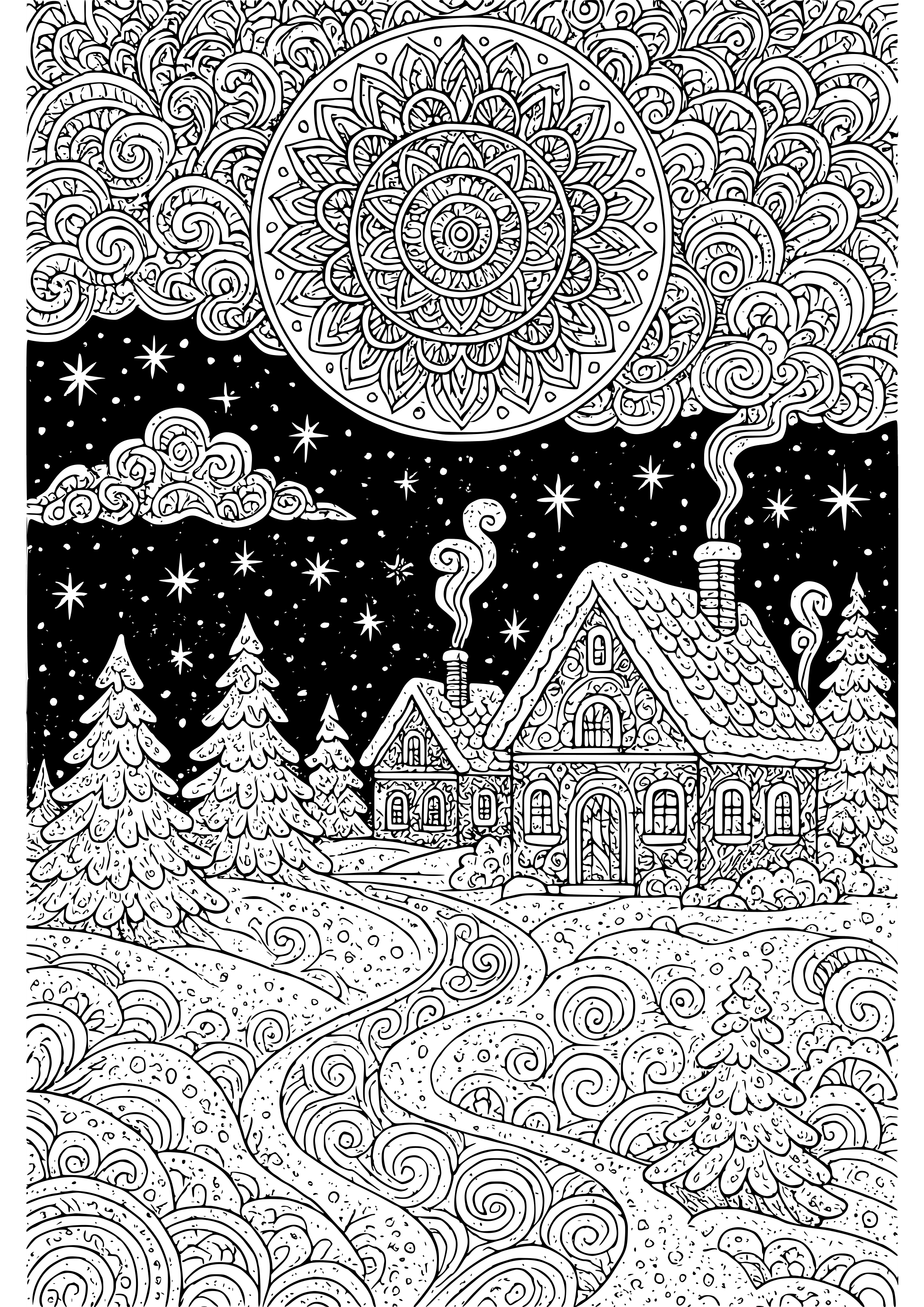 Peaceful Snowy Night Coloring Page