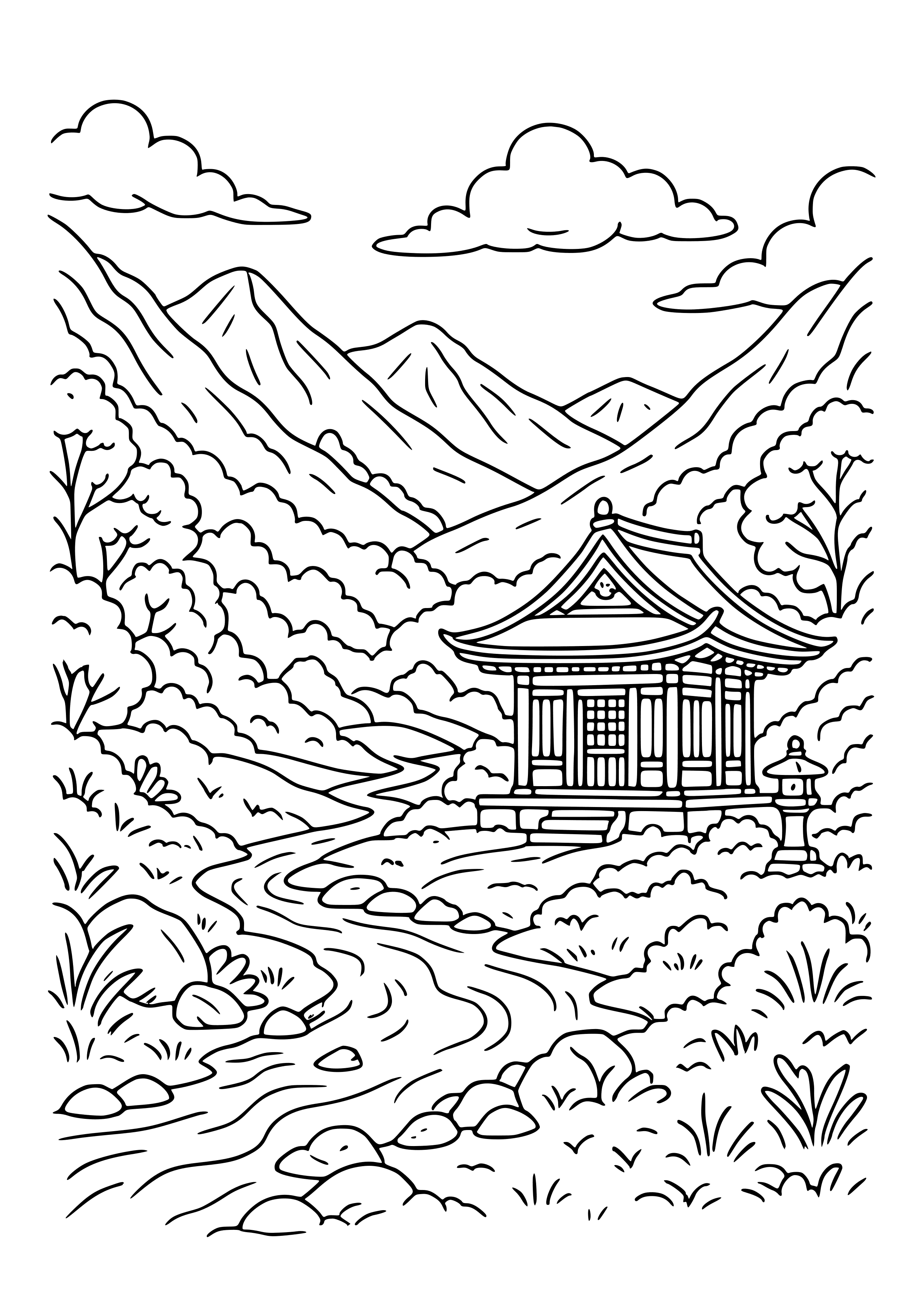 Peaceful Valley with a Shrine Coloring Page