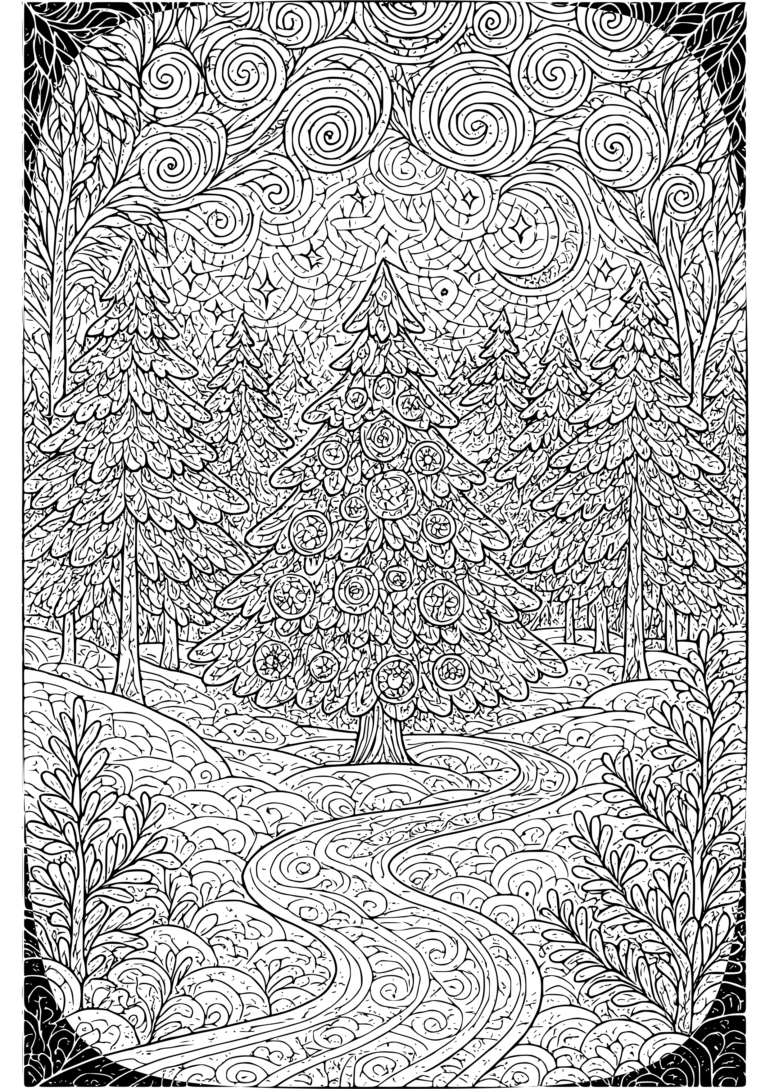 Peaceful Winter Evening in the Forest Coloring Page