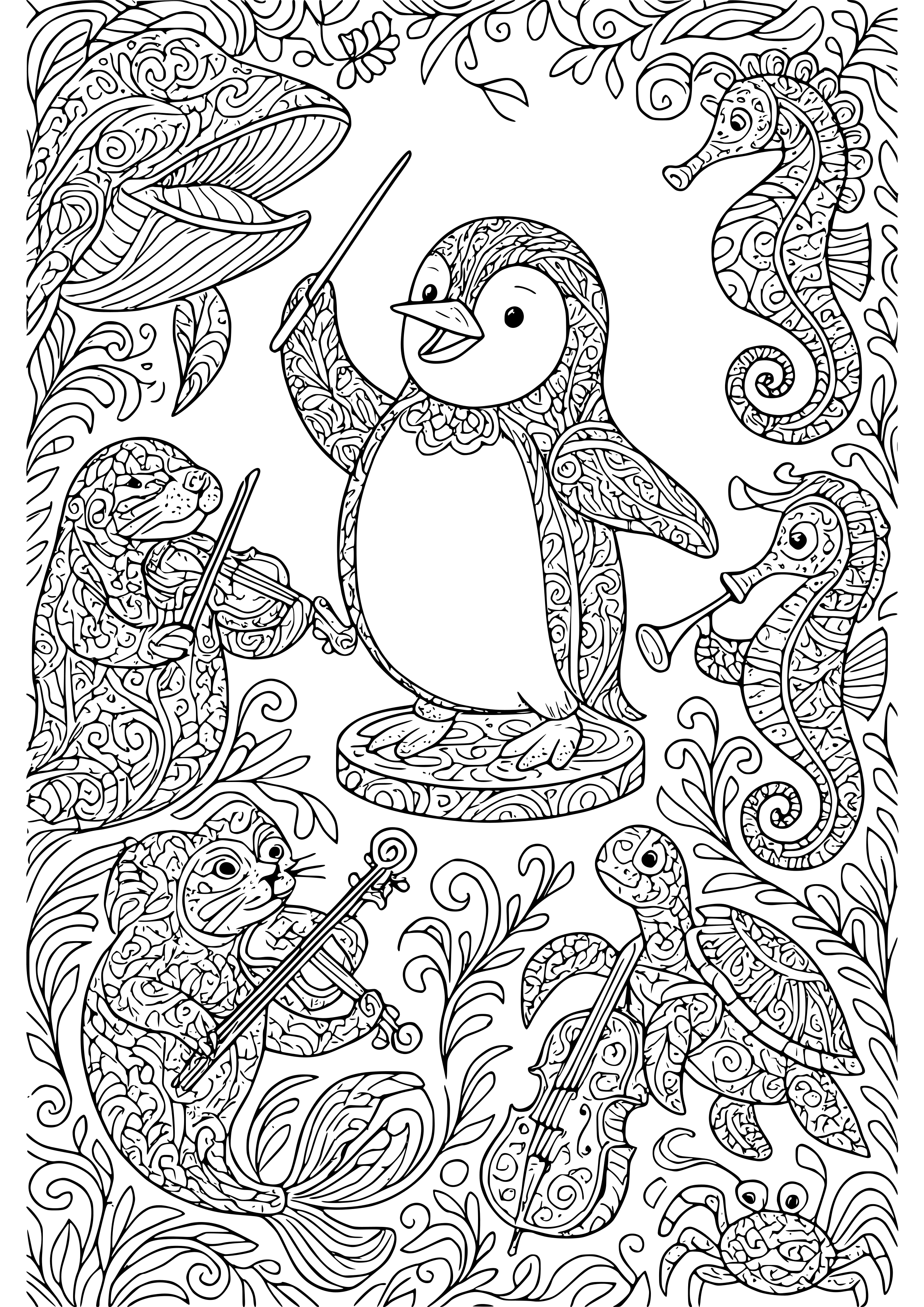 Penguin Conducting an Orchestra of Sea Animals Coloring Page