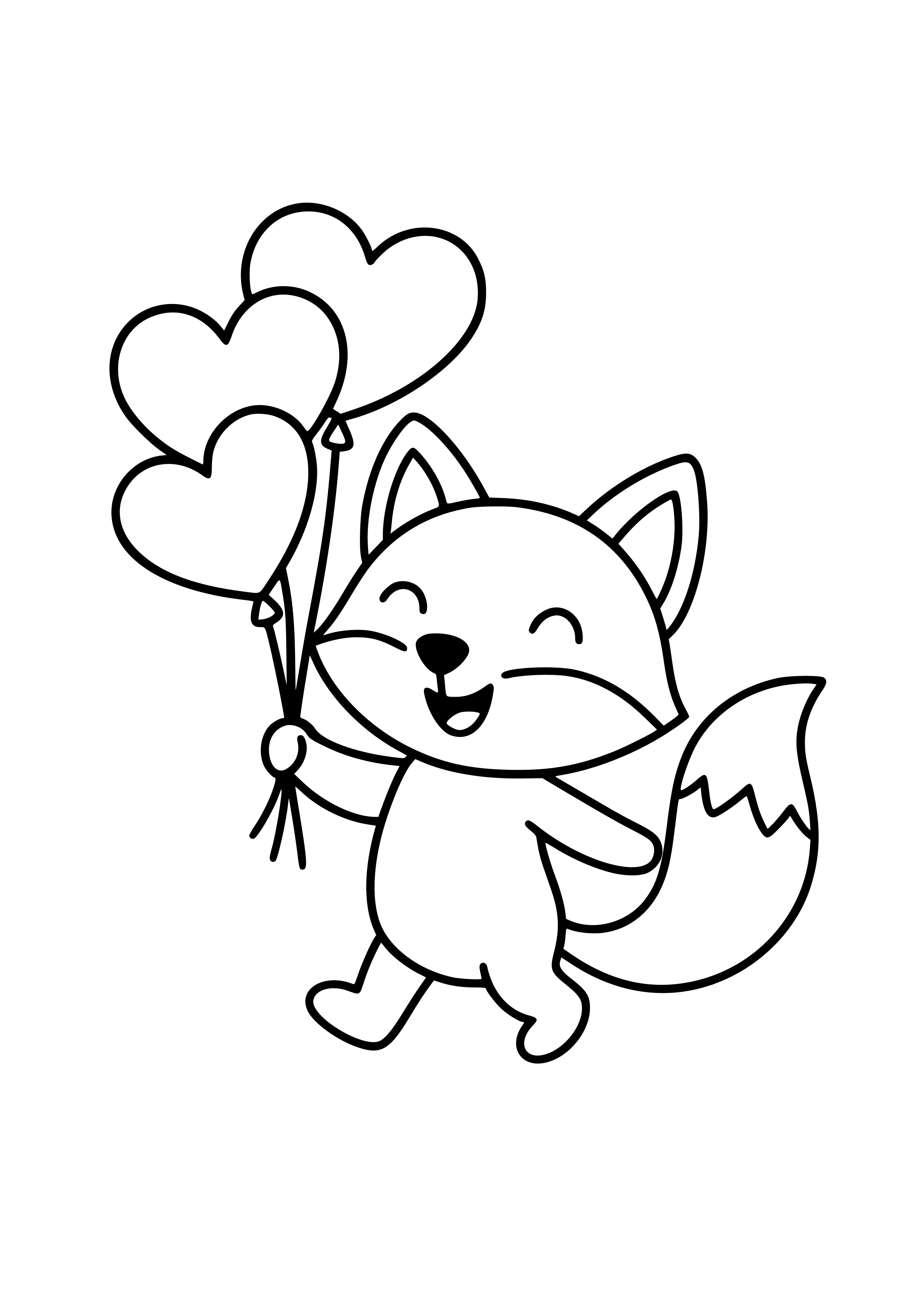 Playful Fox with Heart-shaped Balloons Coloring Page