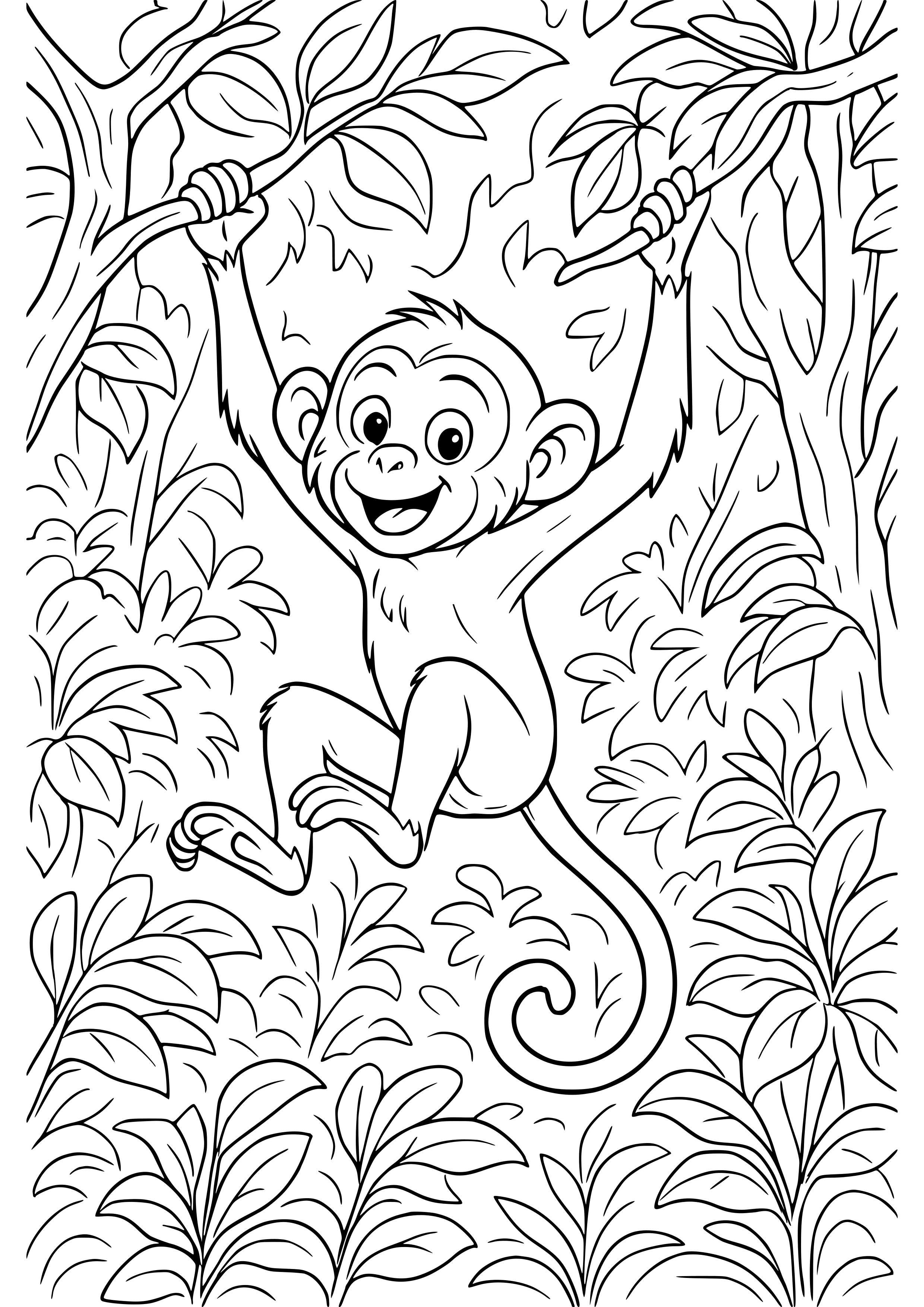 Playful Monkey Swinging From Tree to Tree Coloring Page