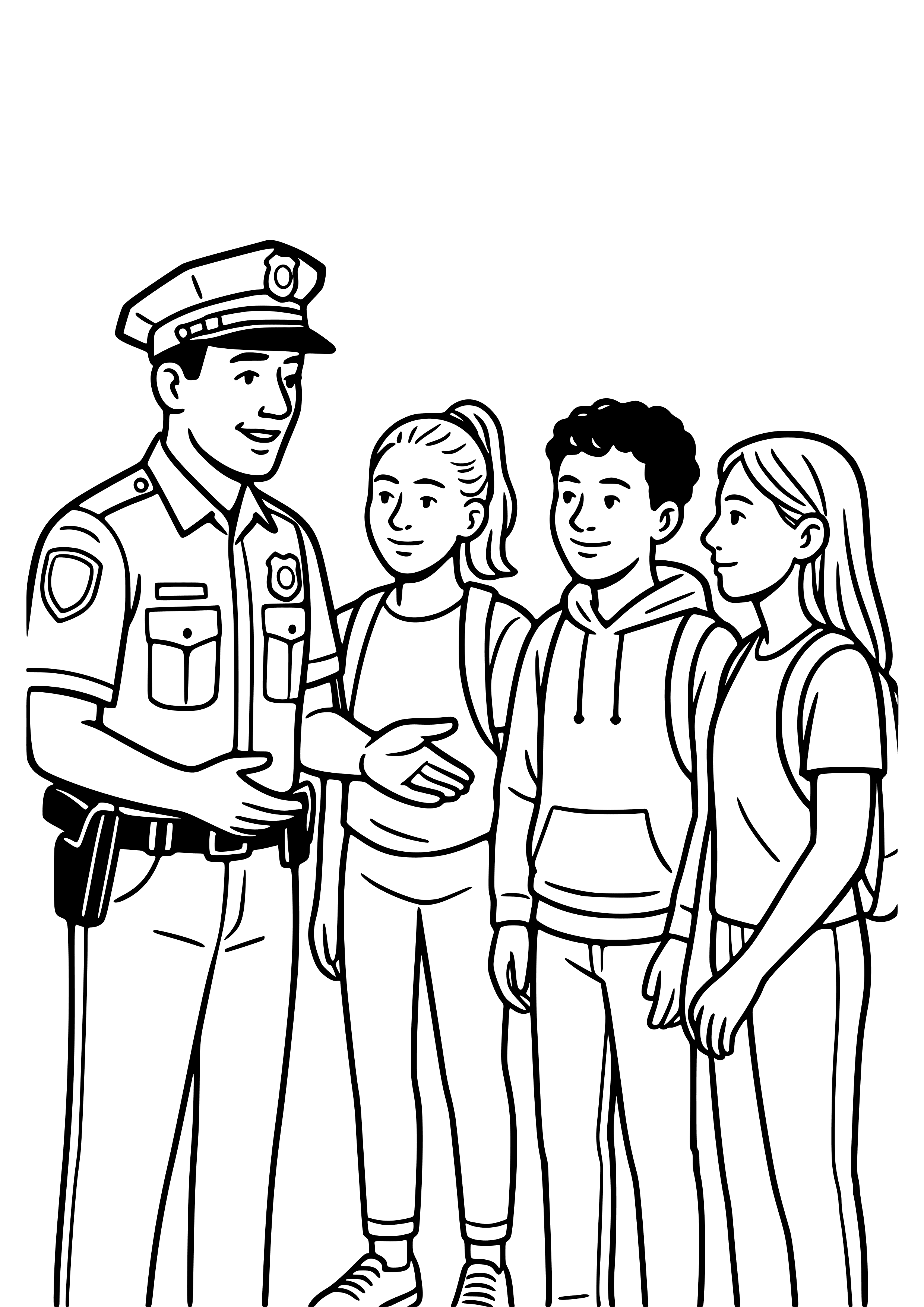 Police Officer Engaging with a Local Youth Group Coloring Page