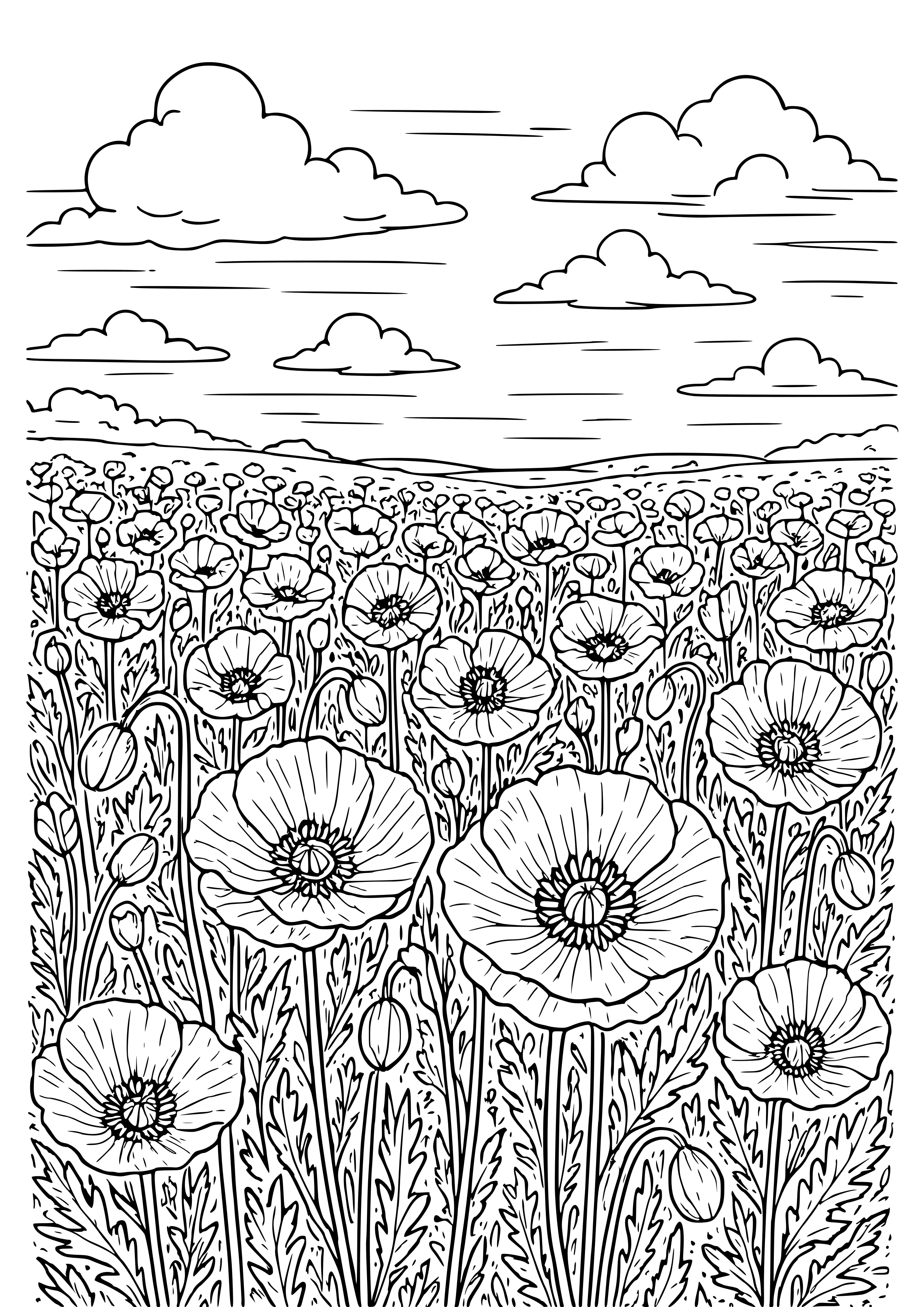 Poppy Fields with a Clear Sky Coloring Page
