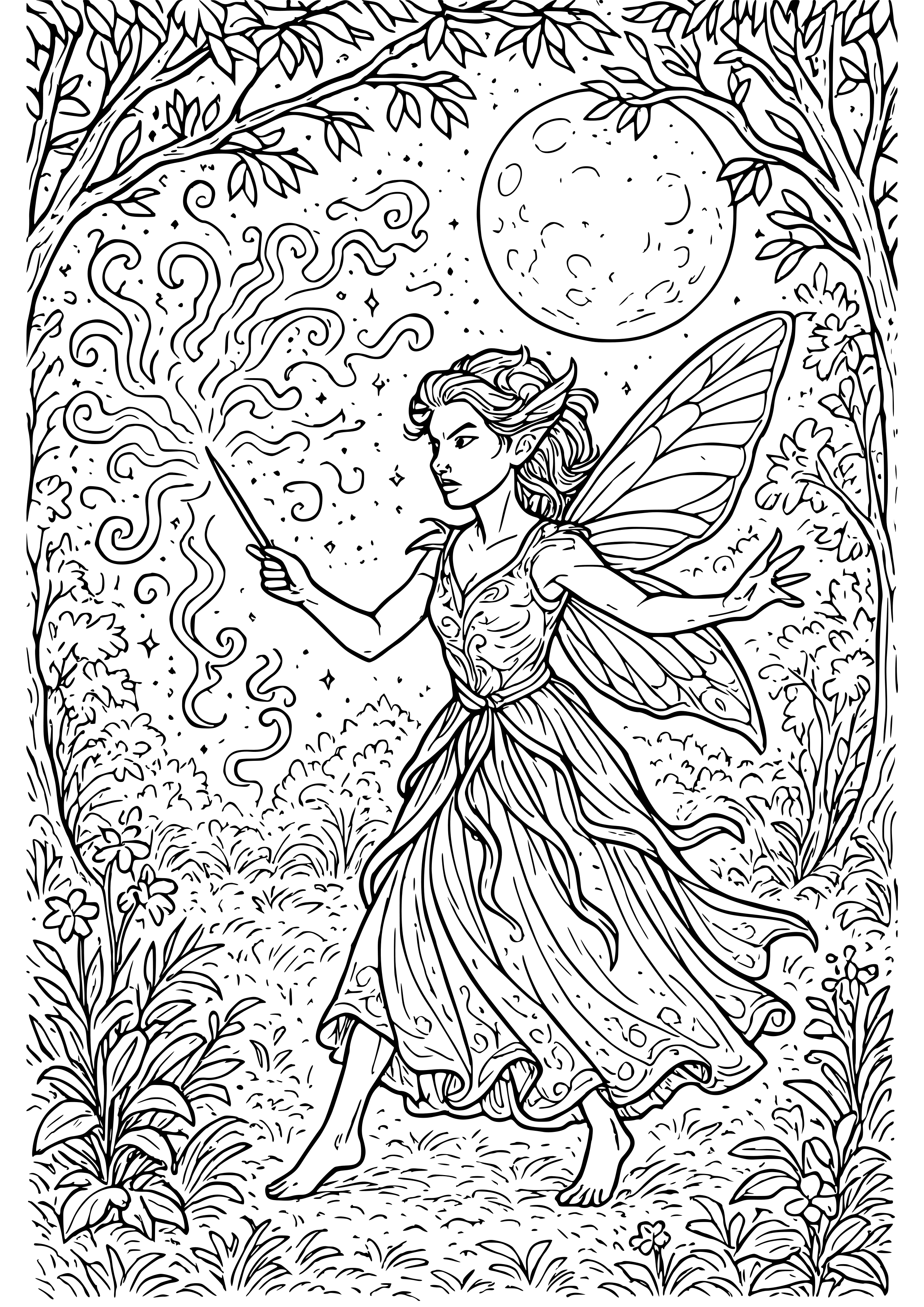Powerful Fairy Casting Spells in a Moonlit Glade Coloring Page