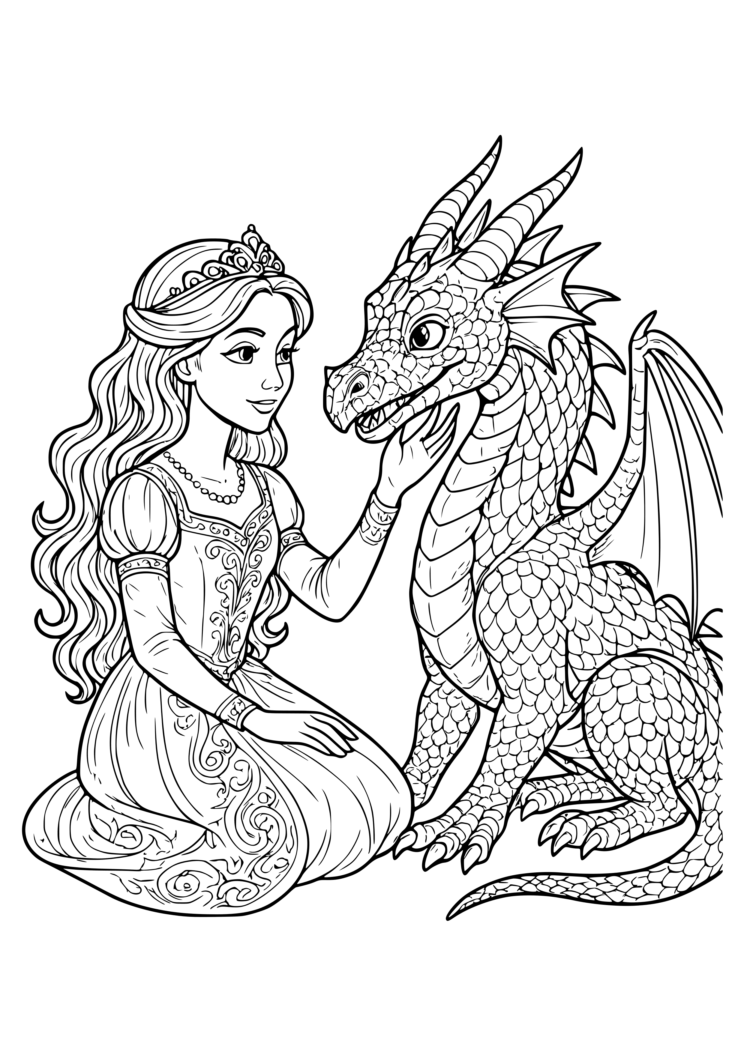 Princess and a Dragon Friend Coloring Page