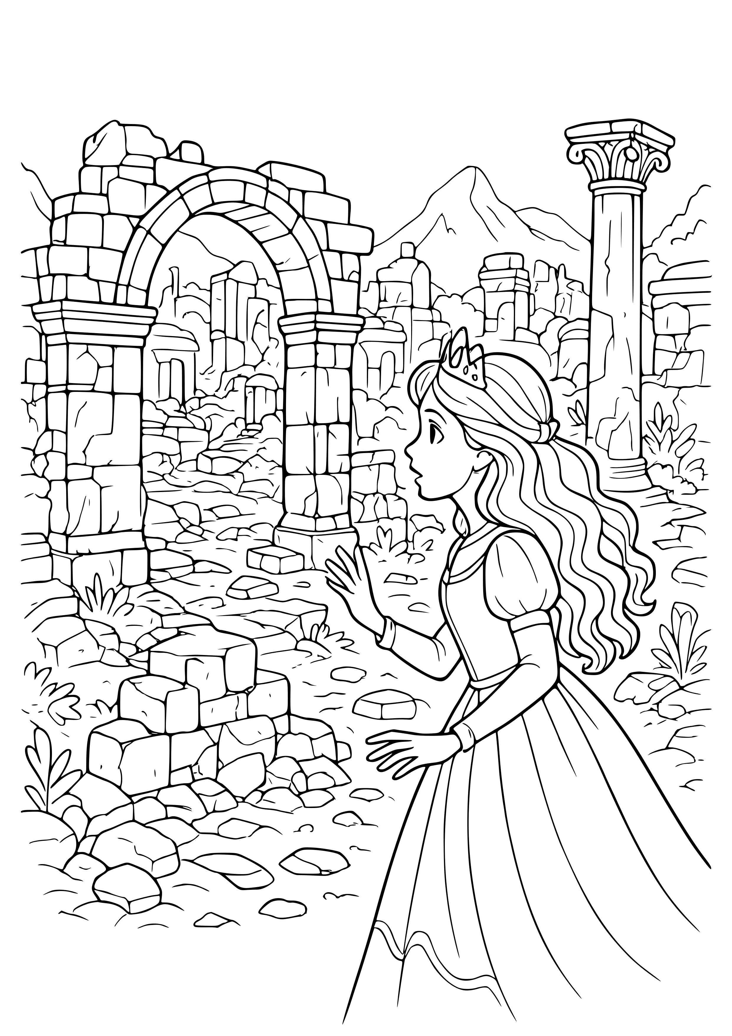 Princess Discovering Ancient Ruins Coloring Page