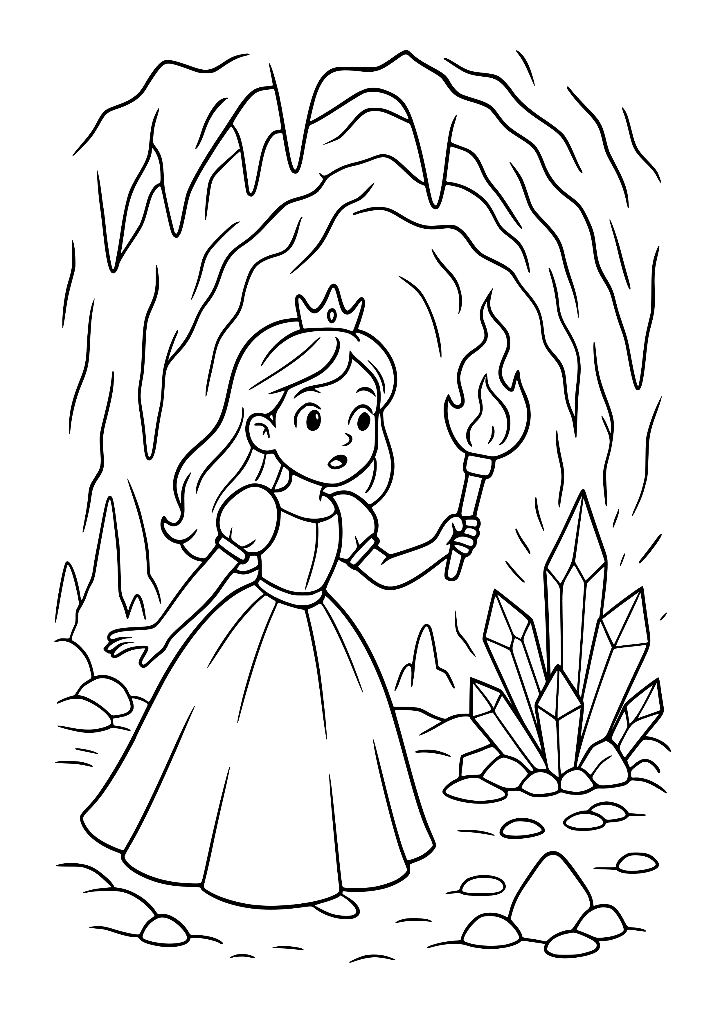 Princess Exploring a Mystical Cave Coloring Page