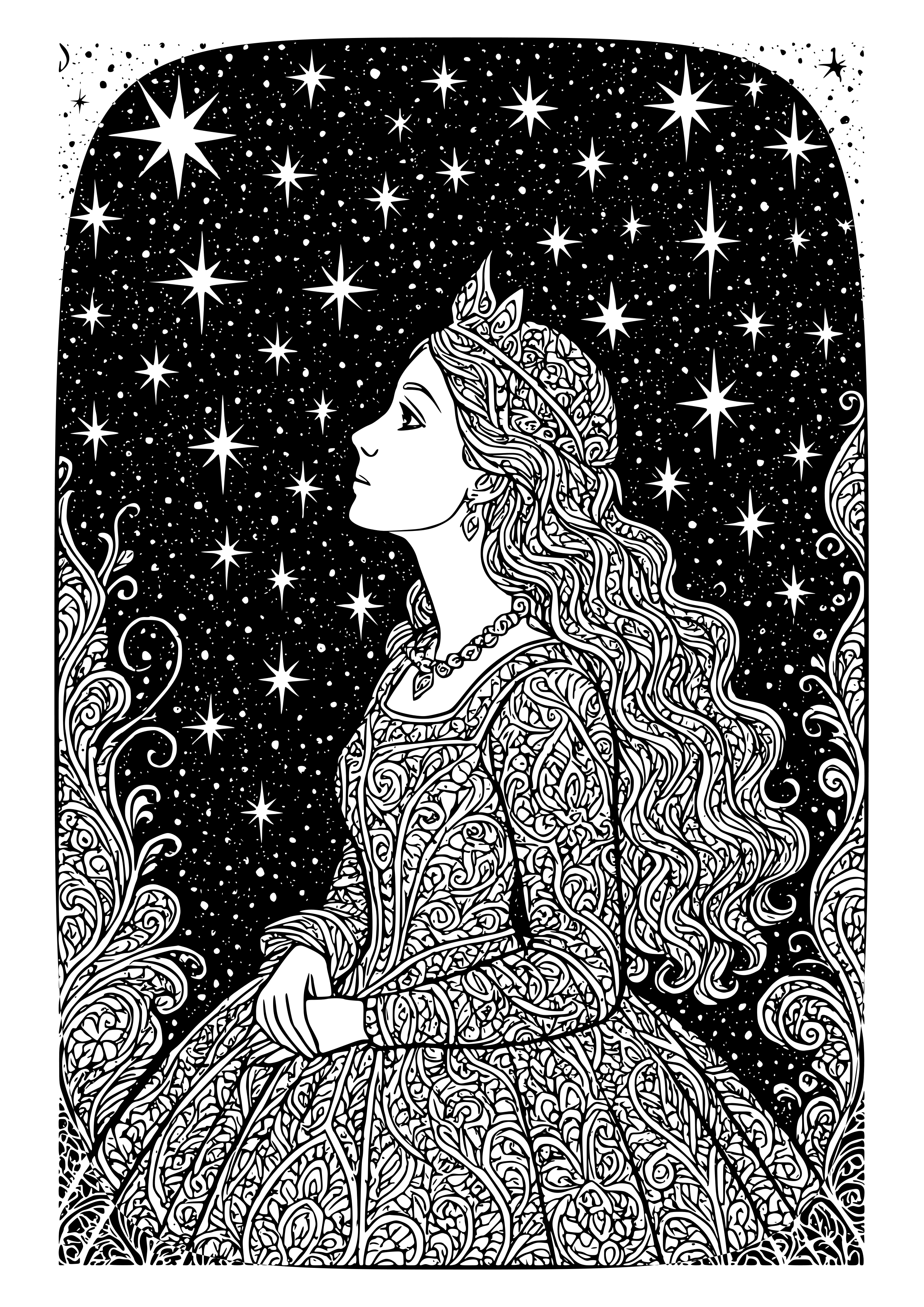 Princess Gazing at a Starry Sky Coloring Page