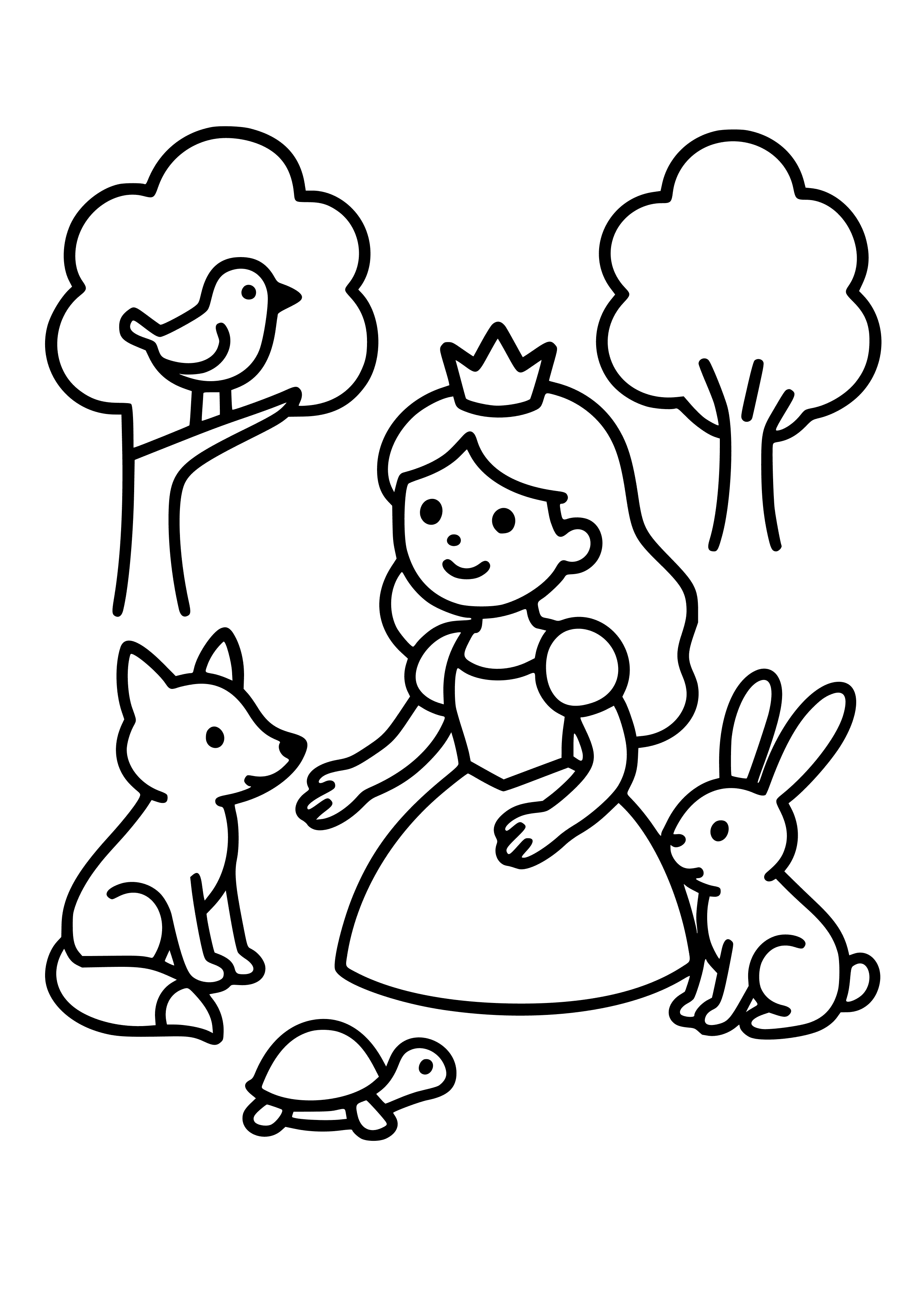 Princess Playing with Forest Animals Coloring Page