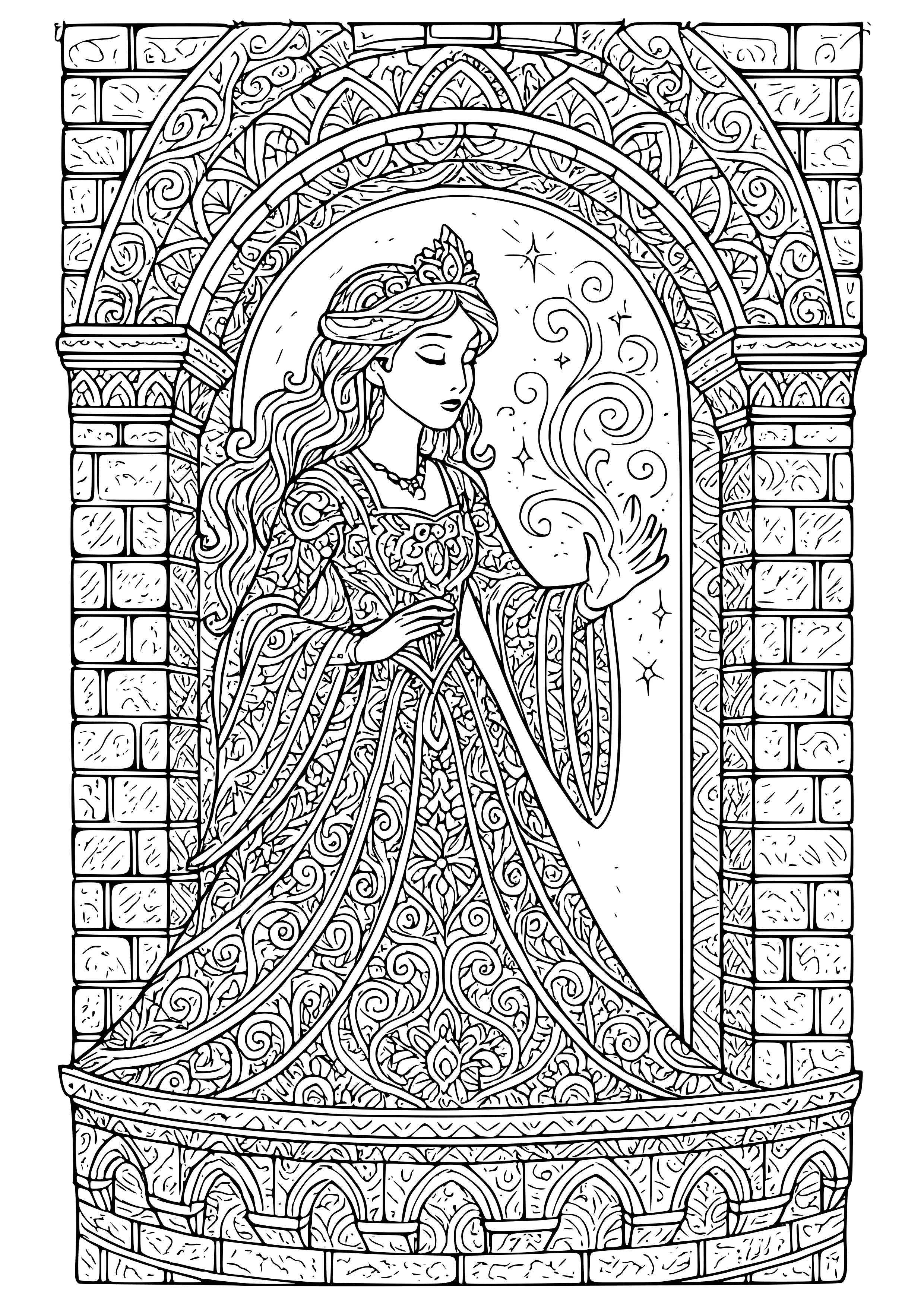 Princess Weaving Spells in a Tower Coloring Page