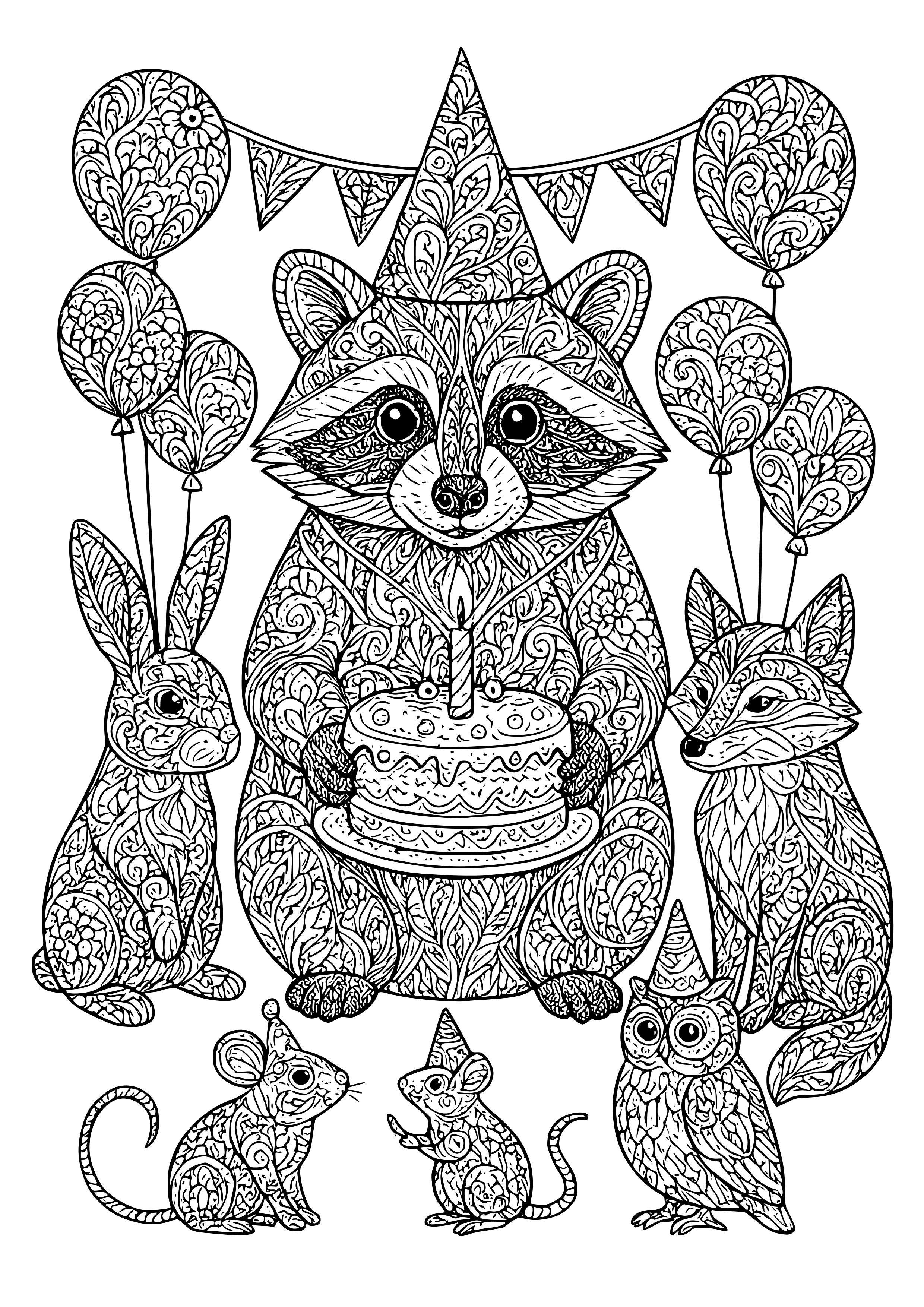 Raccoon Holding a Birthday Party for Woodland Friends Coloring Page