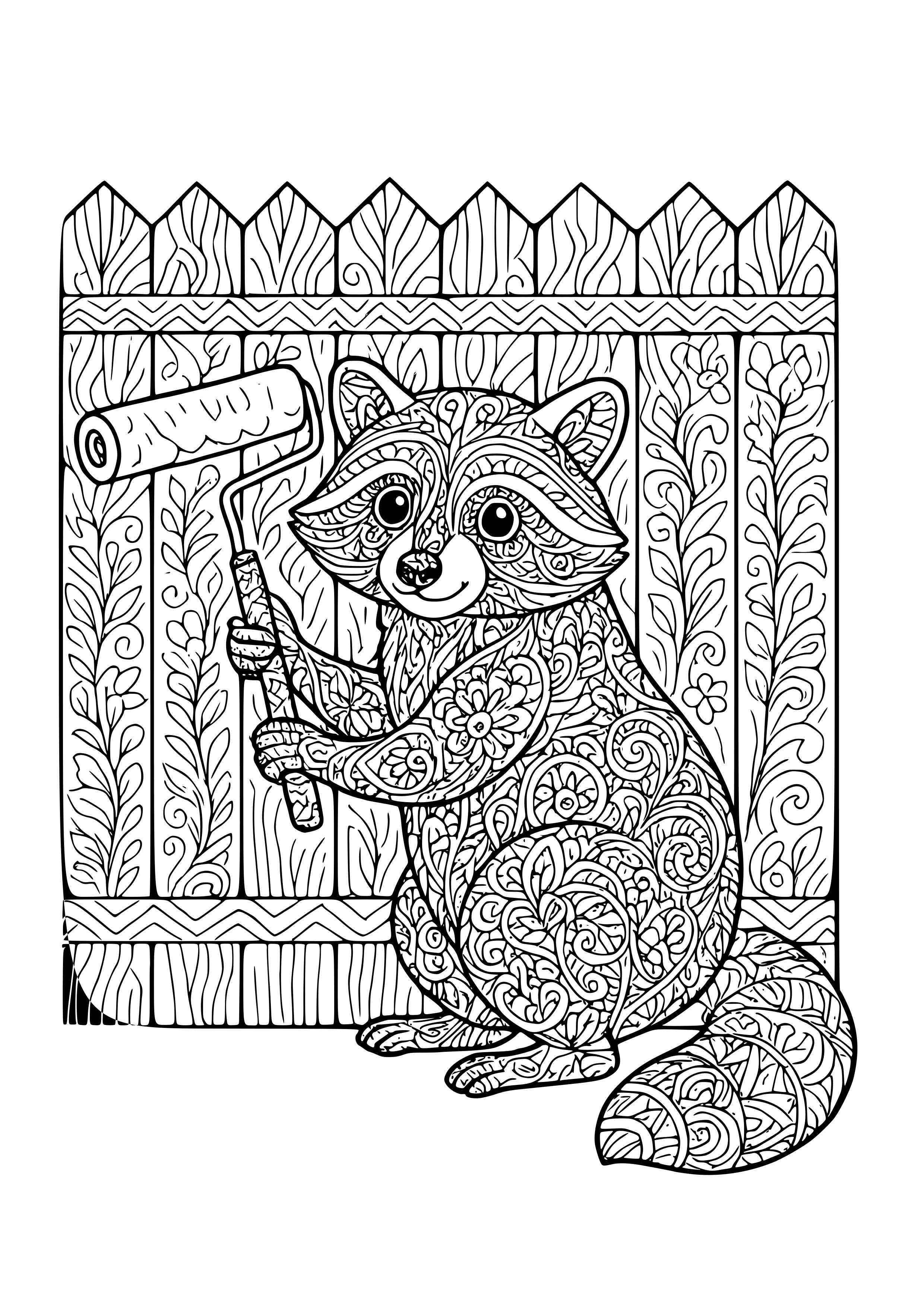 Raccoon Painting a Fence with a Roller Coloring Page