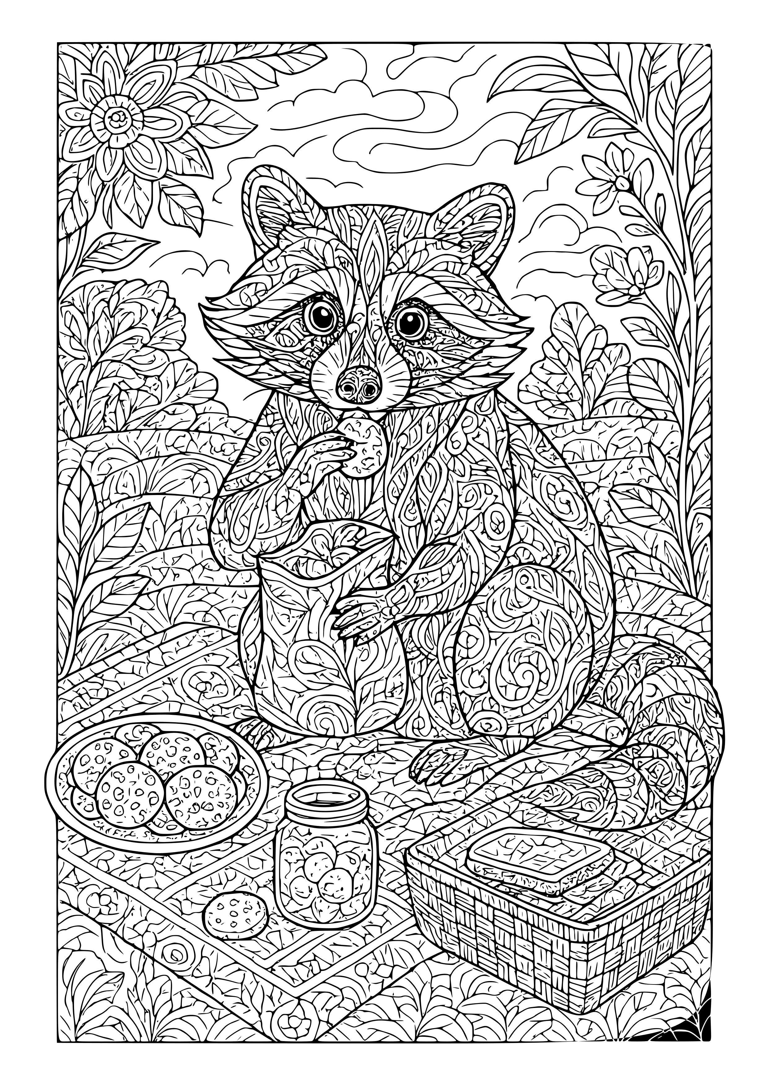 Raccoon Stealing Snacks at a Picnic Coloring Page