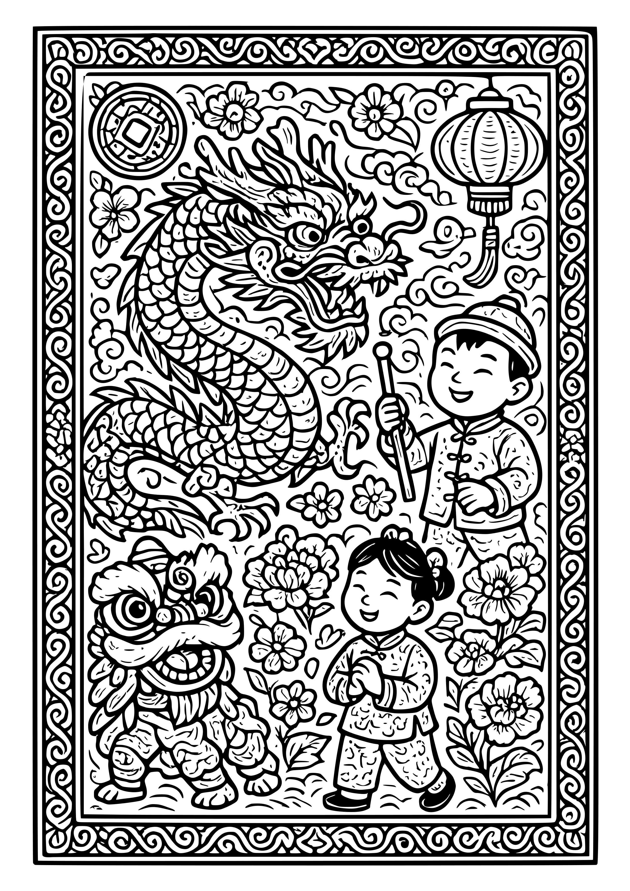 Rich Tapestry Depicting the Lunar New Year Coloring Page