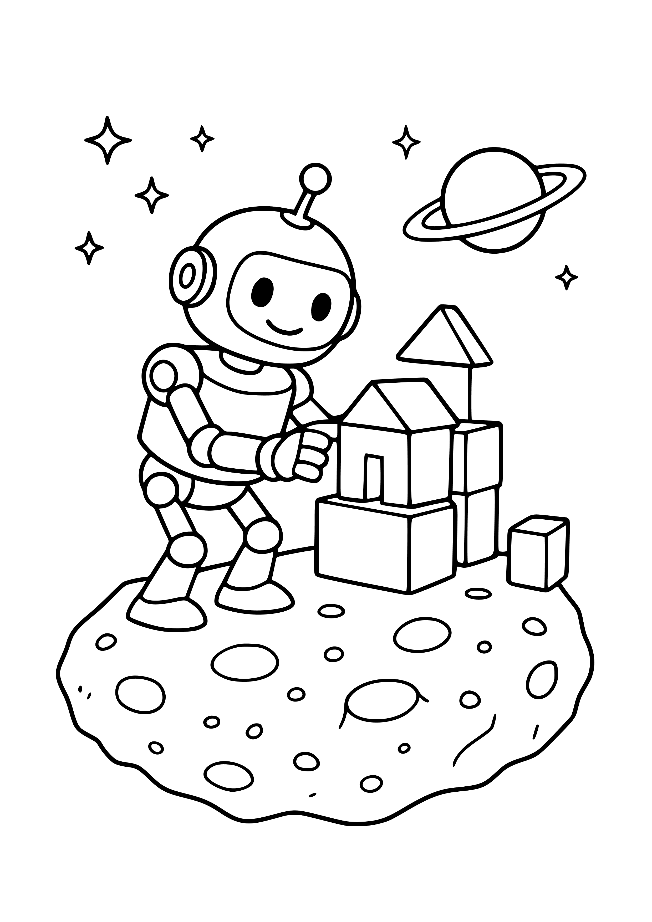 Robot Building Structures on an Asteroid Coloring Page