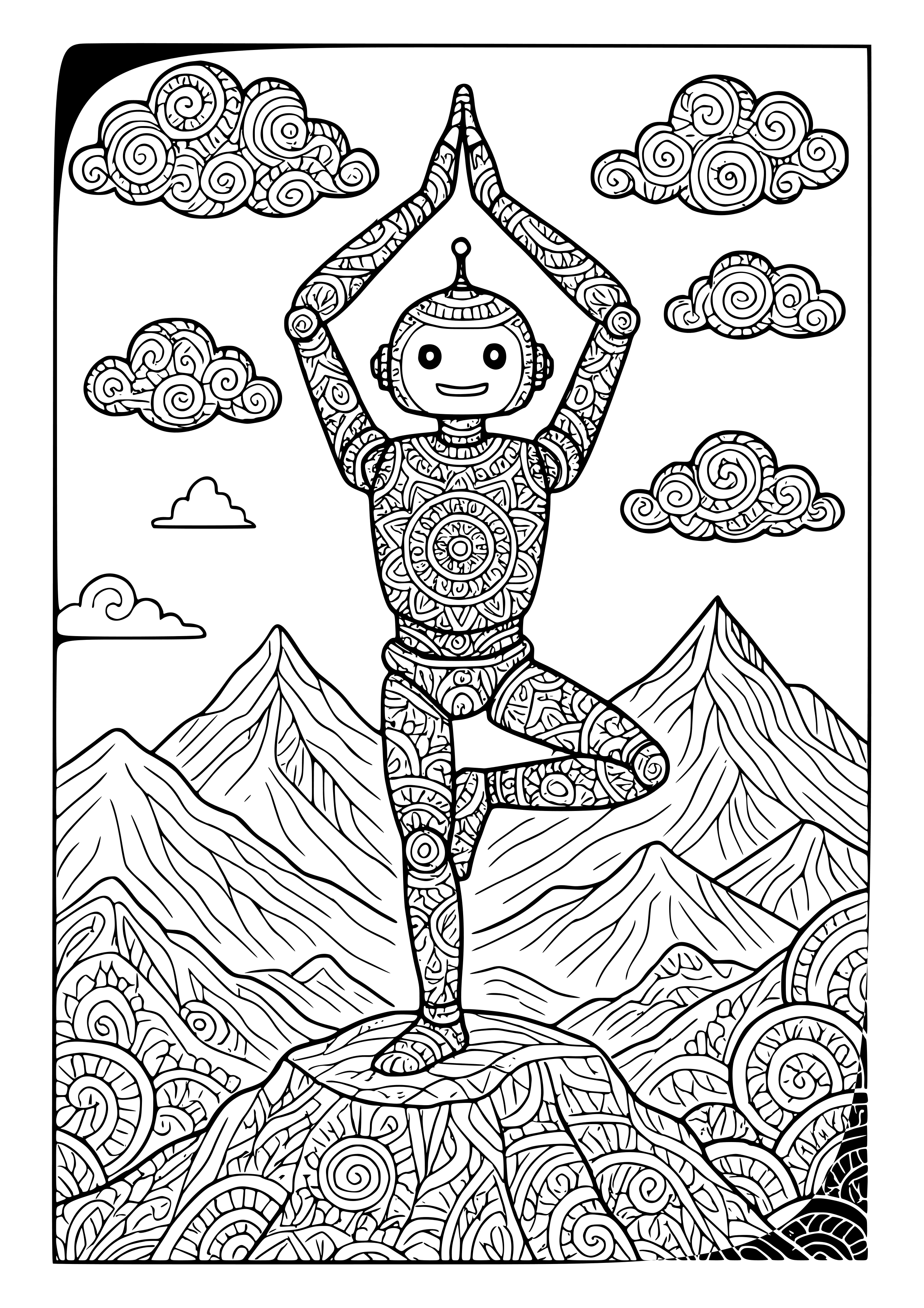 Robot Doing Yoga on a Mountain Top Coloring Page