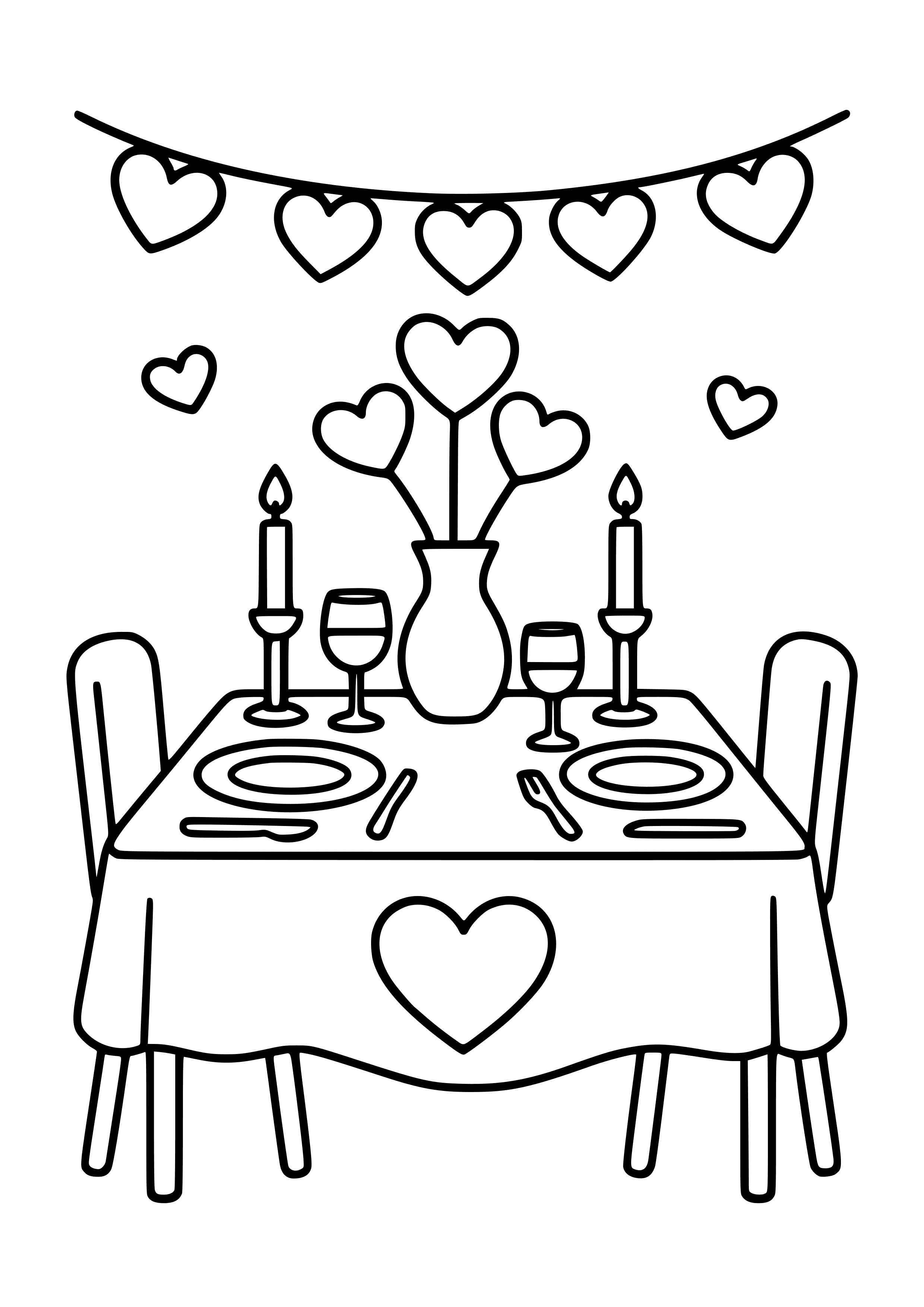 Romantic Dinner Table with Heart Decorations Coloring Page
