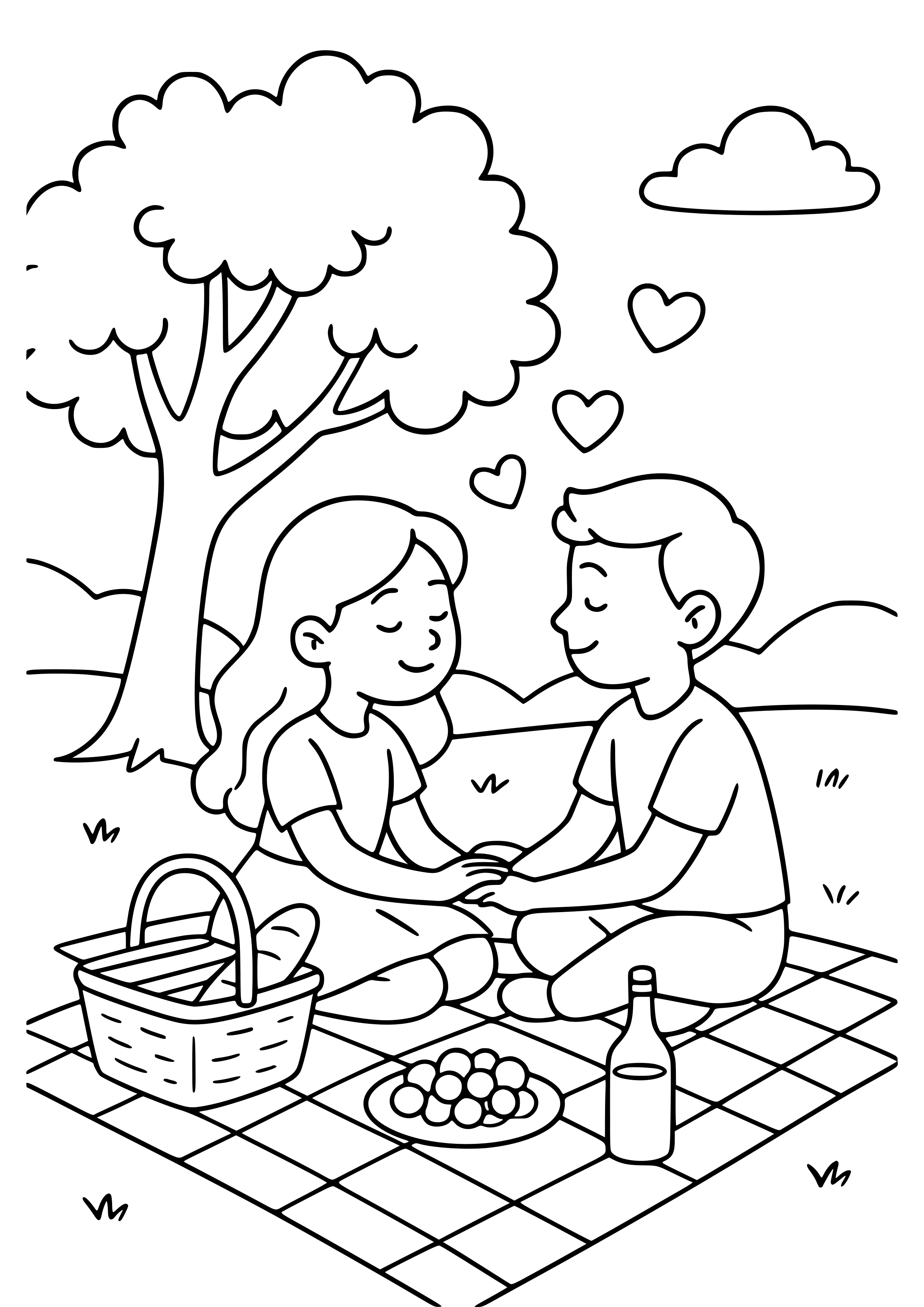 Romantic Picnic Under a Tree Coloring Page