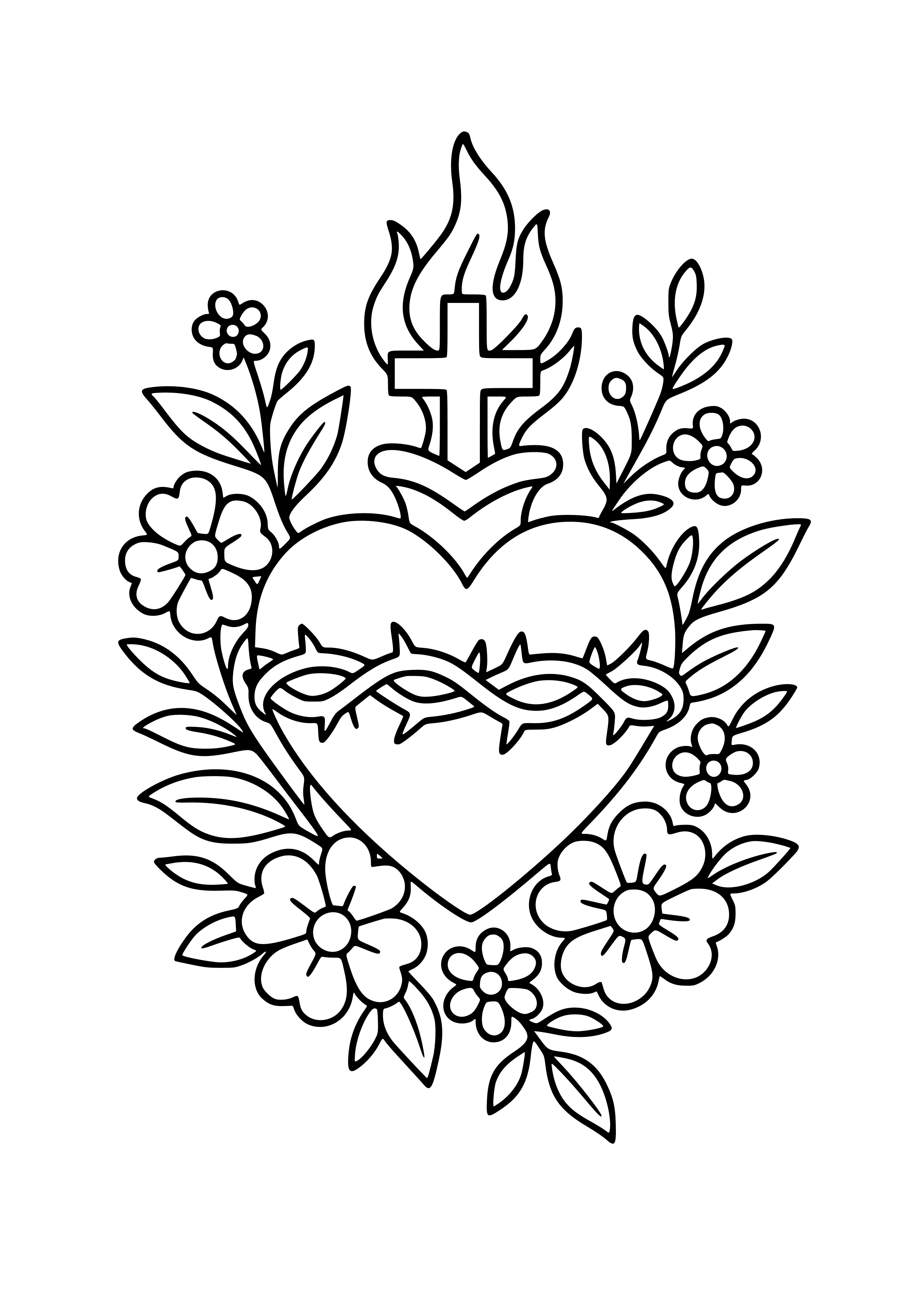 Sacred Heart Surrounded by Flowers Coloring Page